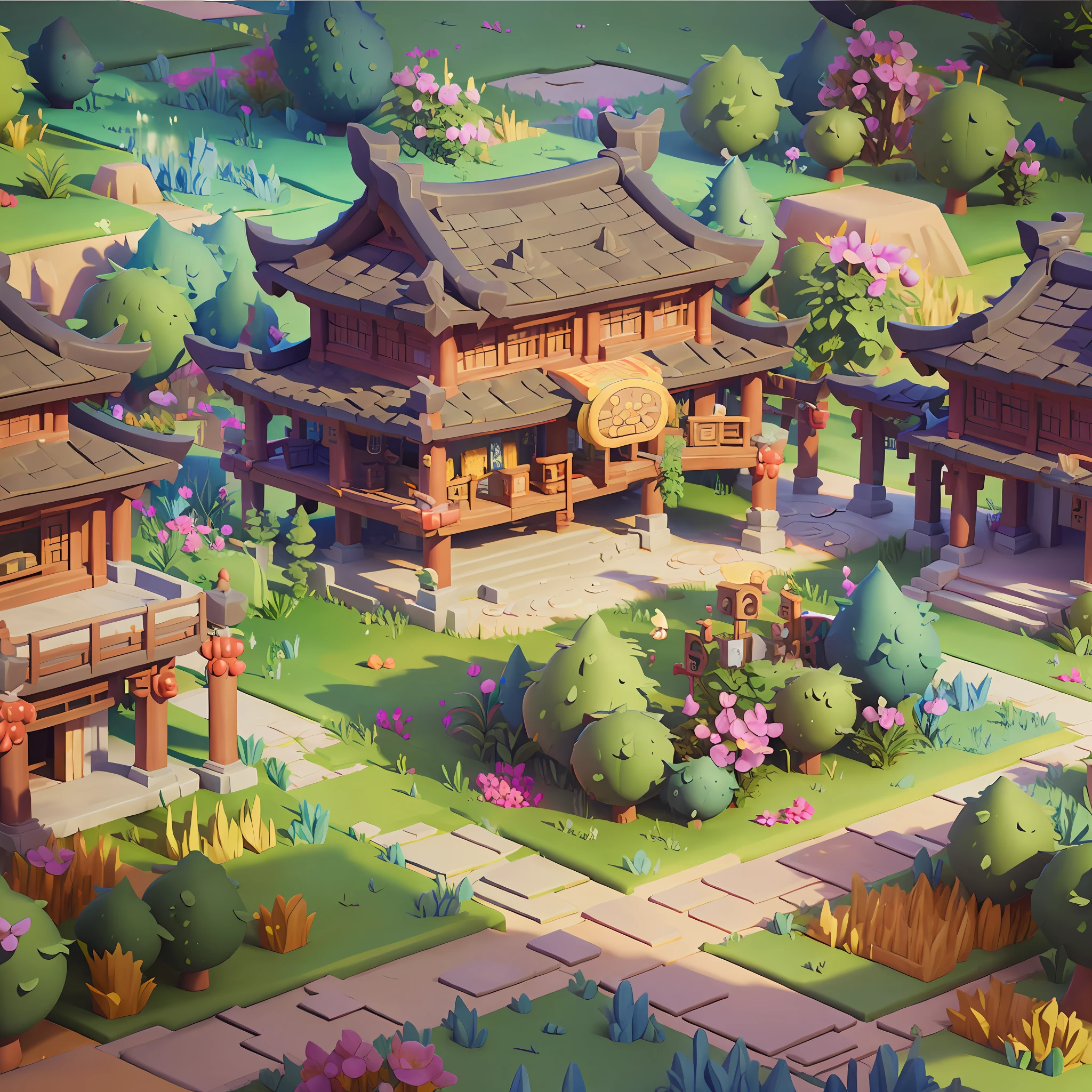 Game architectural design, cartoon, ancient Chinese town, stone, brick, grass, river, flowers, casual play style, 3d, blender, masterpiece, super detail, best quality