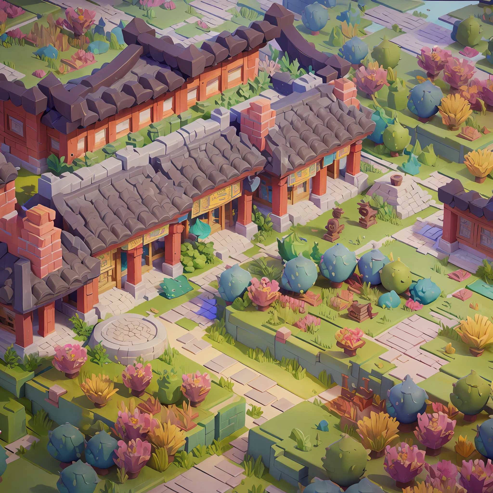 Game architectural design, cartoon, ancient Chinese town, stone, brick, grass, river, flowers, casual play style, 3d, blender, masterpiece, super detail, best quality