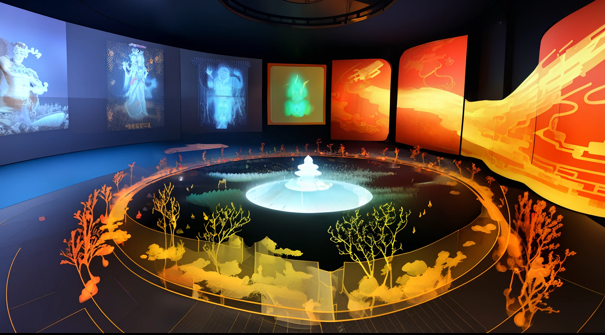 A large immersive interactive experience exhibition hall in Chinese mythology style about the goddess of ocean peace Mazu, several modern audiences around a large transparent holographic Mazu goddess digital image interactive LED installation in the middle of the exhibition hall, referring to the beautiful and dignified shape of the Mazu statue on Meizhou Island in Fujian, there are many small transparent screens surrounding it, there are different transparent holograms of Chinese gods on the screen, including the Four Seas Dragon King, etc., the wall has Chinese cultural interactive installations, and the floor has the light and shadow of ocean waves and holographic images, The whole is full of immersive mysterious art feeling, the audience and the screen interact, digital interaction, immersive atmosphere, mixed with some Chinese goddess Mazu culture and traditional ornamentation patterns, there are 12 projectors on the top to project the picture to the wall, and some viewers are interacting with the LED screen, bright, ethereal space