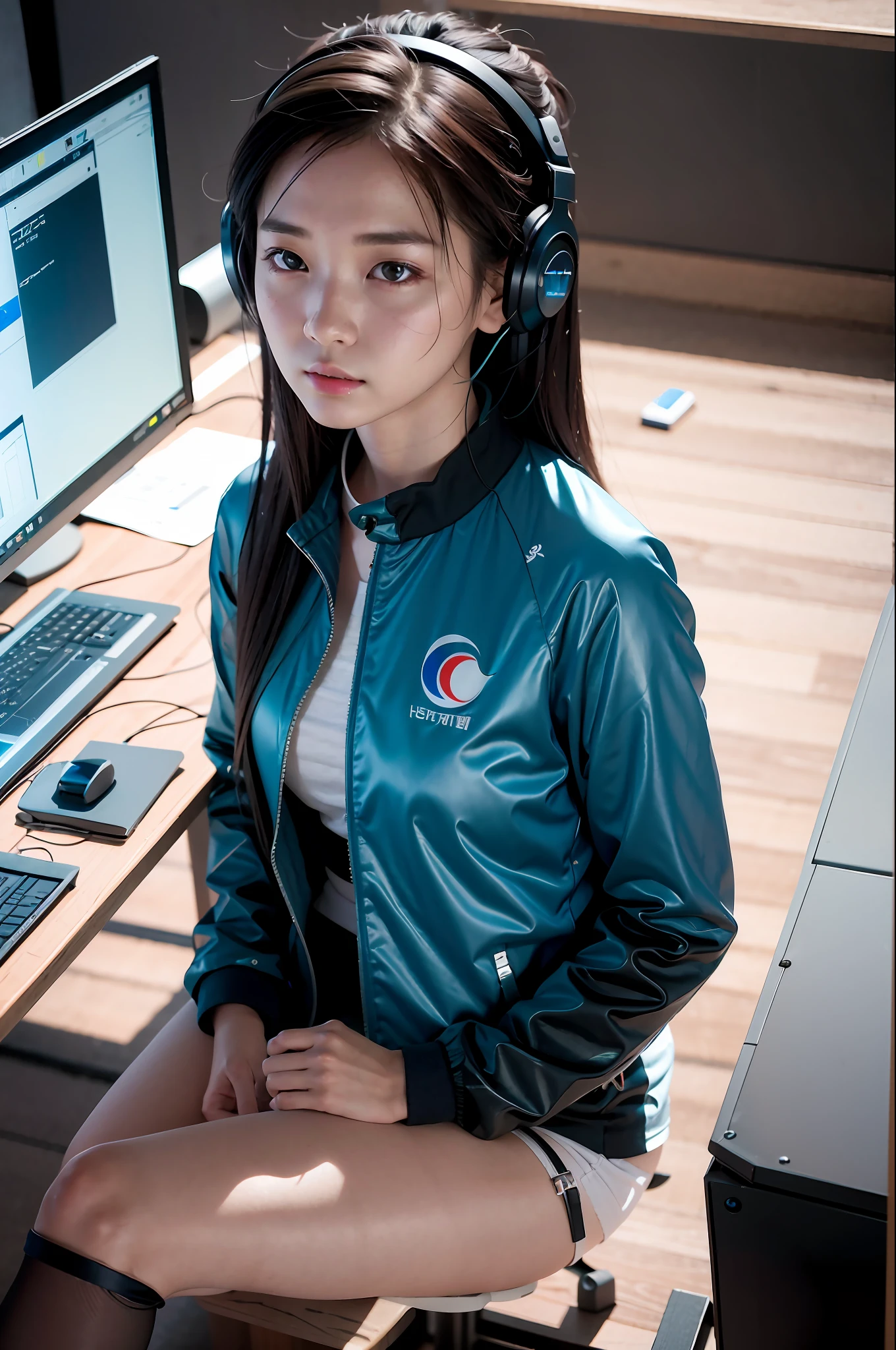ray tracing, realistic, dramatic, 1girl, 21 year old Korean cute girl, hacker, T-shirt, jacket, around multiple monitors, headphones, from above,