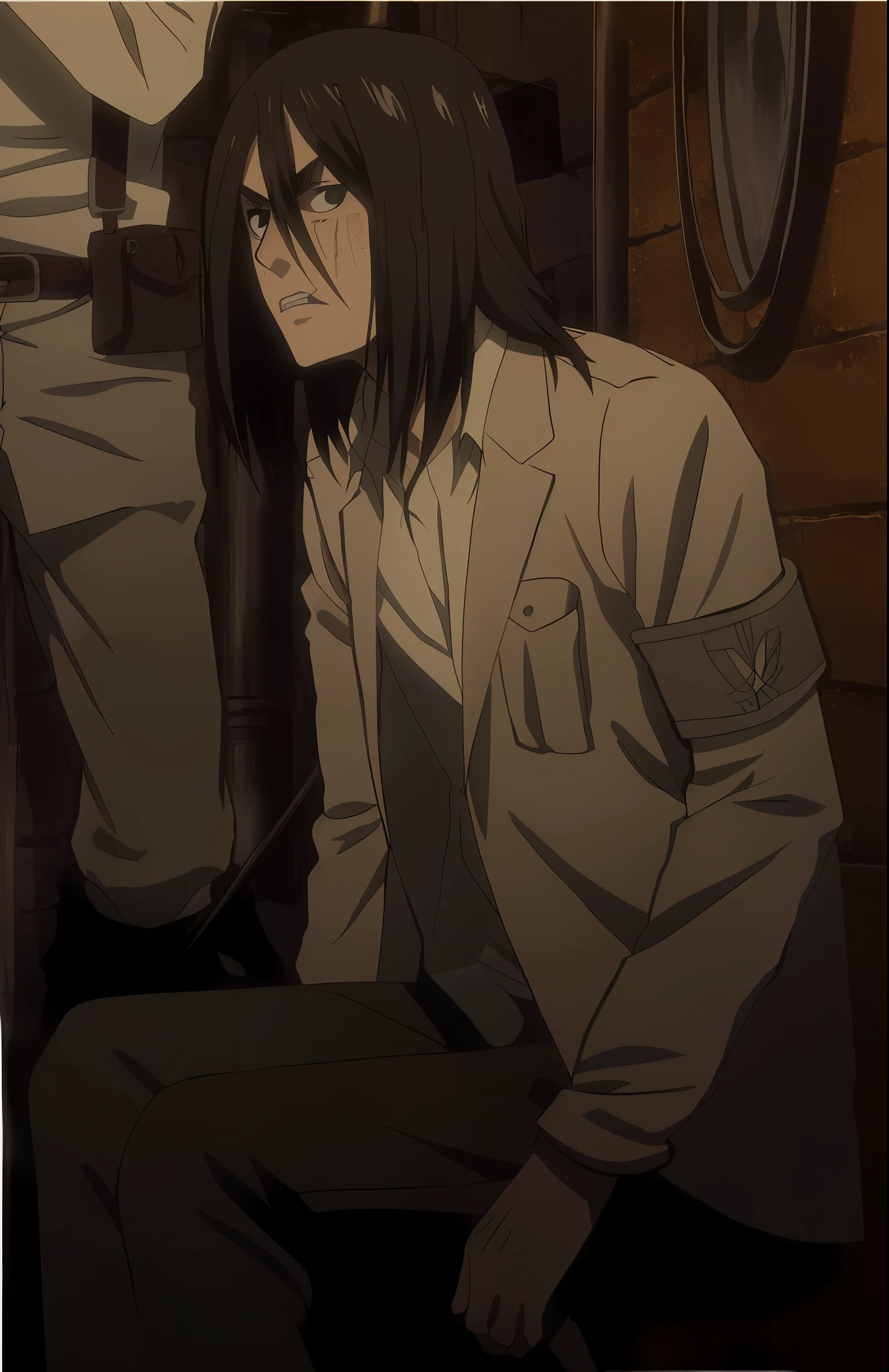 best quality, masterpiece, (realistic: 1.2), 1 man, Eren Jaeger, real life, live action, black jeans, black pants, brown hair, attack on Titan, cold background, black jacket, slim body, high definition, high quality, black clothes
