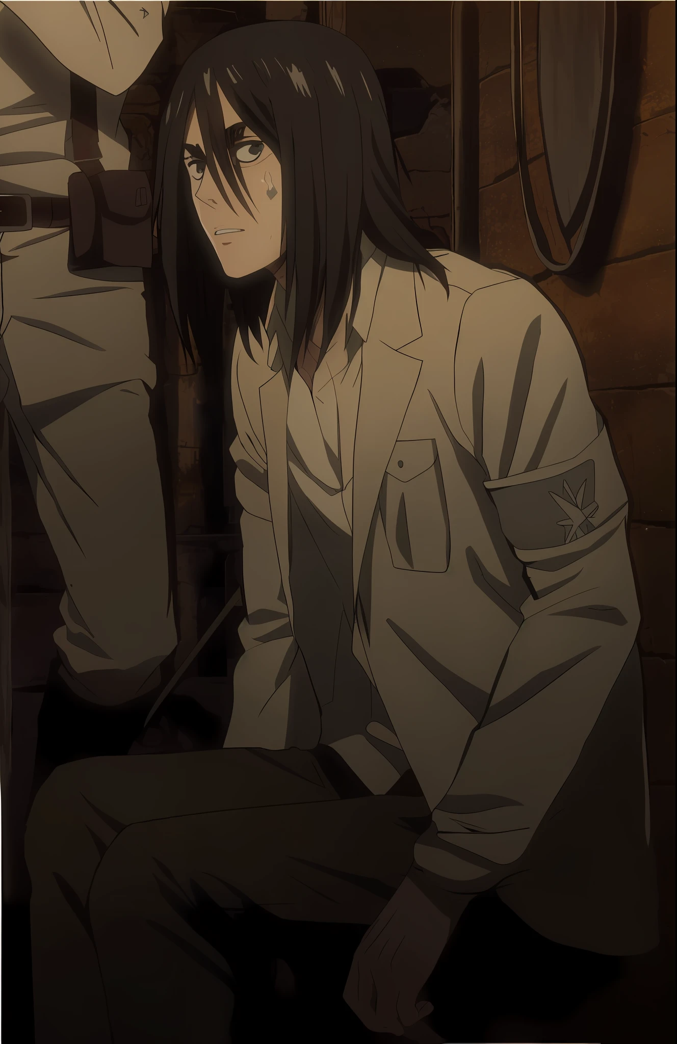 best quality, masterpiece, (realistic: 1.2), 1 man, Eren Jaeger, real life, live action, black jeans, black pants, brown hair, attack on Titan, cold background, black jacket, slim body, high definition, high quality, black clothes