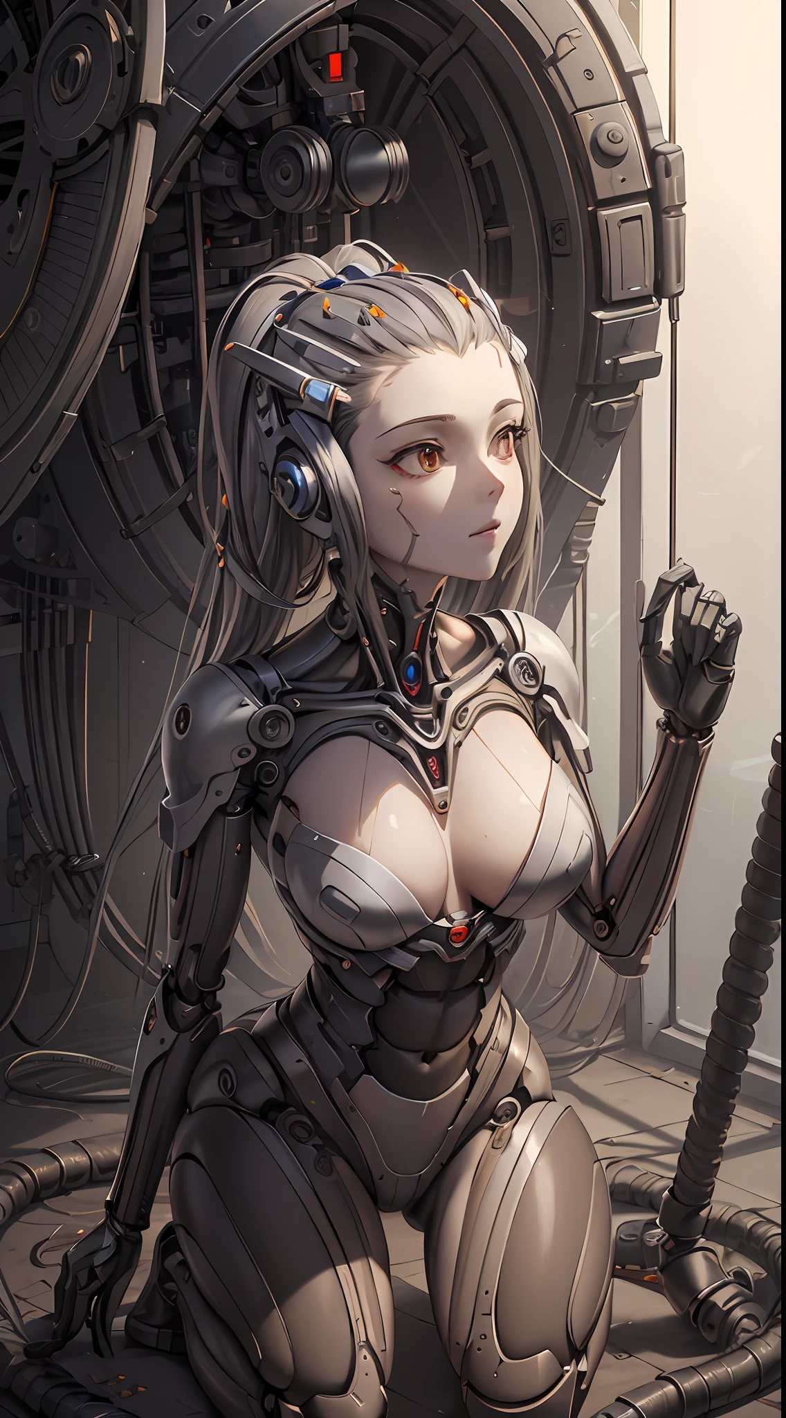 (((masterpiece))), ((best quality)), (ultra-detailed), (CG illustration), (an extremely devious and beautiful)), cinematic light, ((1 mechanical girl)), single, (machine-made joints: 1.4), ((mechanical limbs)), ( blood vessels attached to the tube), ((mechanical spine attached to the back, close-up)), ((mechanical cervical vertebrae attached to the neck), ((kneeling)), expressionless, (wires and cables attached to the head and body: 1.5), (character focus), science fiction, the end times,