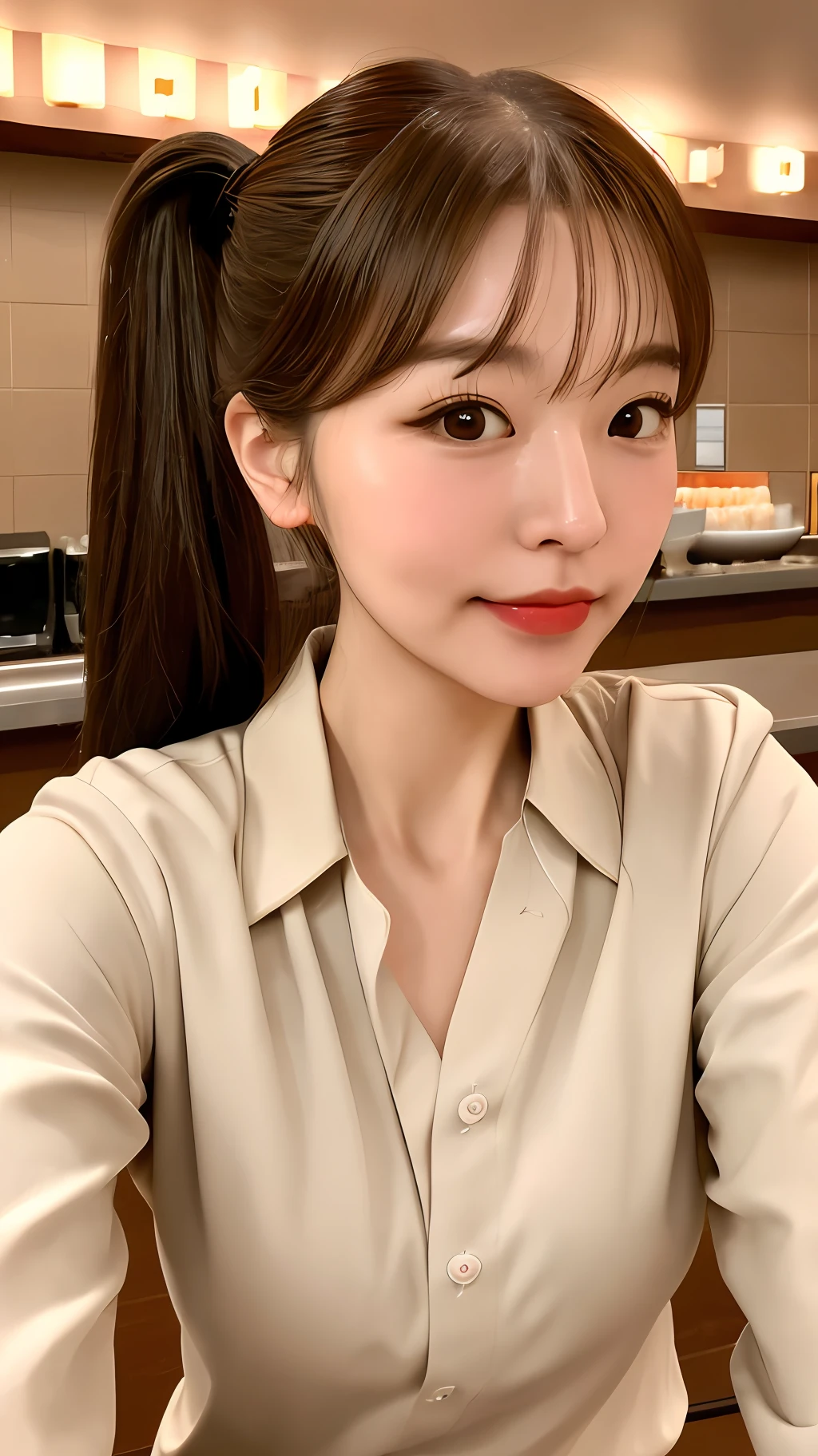 realistic photos of (1 cute Korean star) side ponytail, thin makeup, medium breasts size, brown long sleeve shirt, selfie, at the sushi bar, clear facial features, RAW photo, masterpiece, 8K, high resolution, sharp and realistic details.