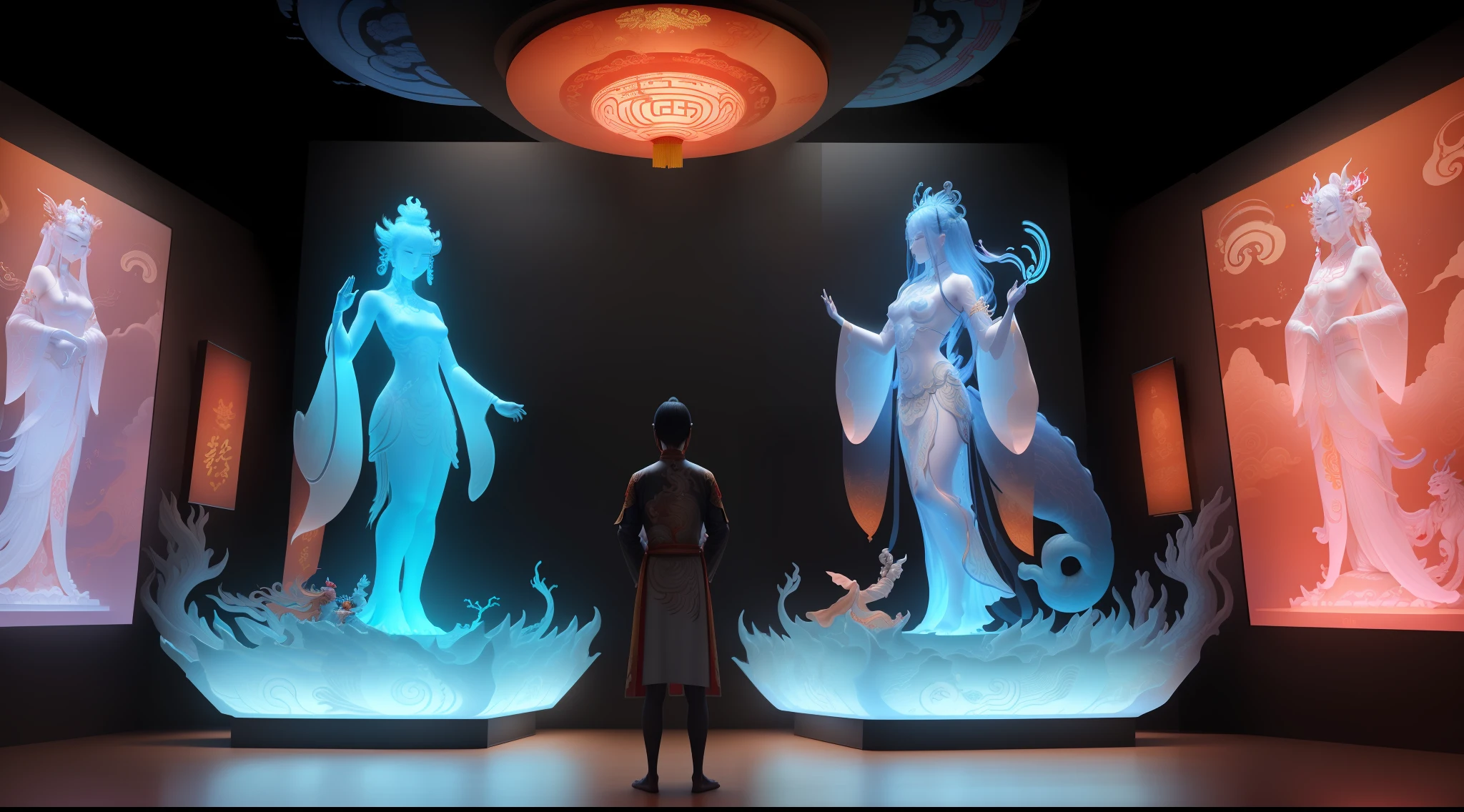 A large immersive interactive experience exhibition hall in Chinese mythology style about the goddess of ocean peace Mazu, several modern audiences around a large transparent holographic Mazu goddess digital image interactive LED installation in the middle of the exhibition hall, referring to the beautiful and dignified shape of the Mazu statue on Meizhou Island in Fujian, there are many small transparent screens surrounding it, there are different transparent holograms of Chinese gods on the screen, including the Four Seas Dragon King, etc., the wall has Chinese cultural interactive installations, and the floor has the light and shadow of ocean waves and holographic images, The whole is full of immersive mysterious art feeling, the audience and the screen interact, digital interaction, immersive atmosphere, mixed with some Chinese goddess Mazu culture and traditional ornamentation patterns, there are 12 projectors on the top to project the picture to the wall, and some viewers are interacting with the LED screen, bright, ethereal space