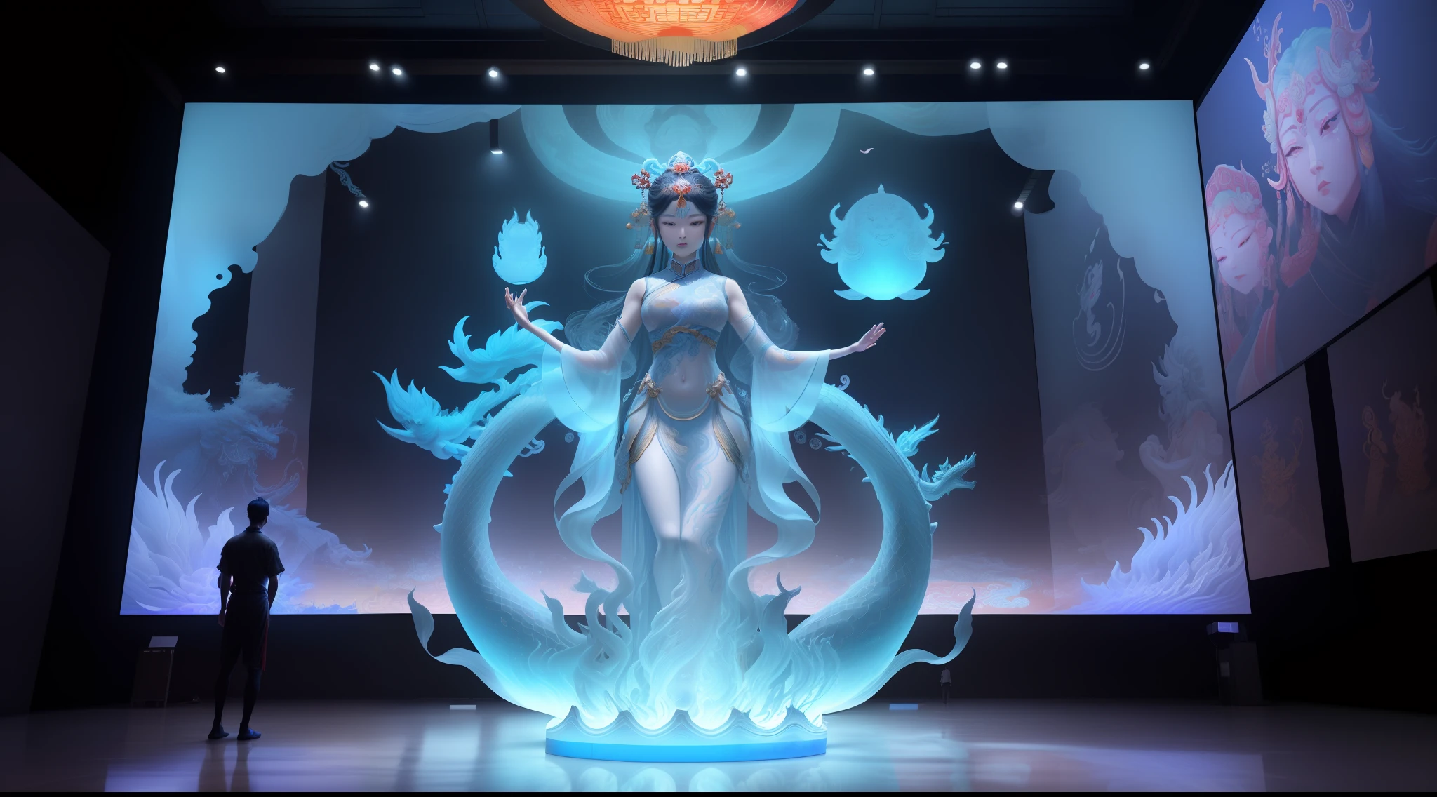 A large immersive interactive experience exhibition hall in Chinese mythology style about the goddess of ocean peace Mazu, several modern audiences around a large transparent holographic Mazu goddess digital image interactive LED installation in the middle of the exhibition hall, referring to the beautiful and dignified shape of the Mazu statue on Meizhou Island in Fujian, there are many small transparent screens surrounding it, there are different transparent holograms of Chinese gods on the screen, including the Four Seas Dragon King, etc., the wall has Chinese cultural interactive installations, and the floor has the light and shadow of ocean waves and holographic images, The whole is full of immersive mysterious art feeling, the audience and the screen interact, digital interaction, immersive atmosphere, mixed with some Chinese goddess Mazu culture and traditional ornamentation patterns, there are 12 projectors on the top to project the picture to the wall, and some viewers are interacting with the LED screen, bright, ethereal space