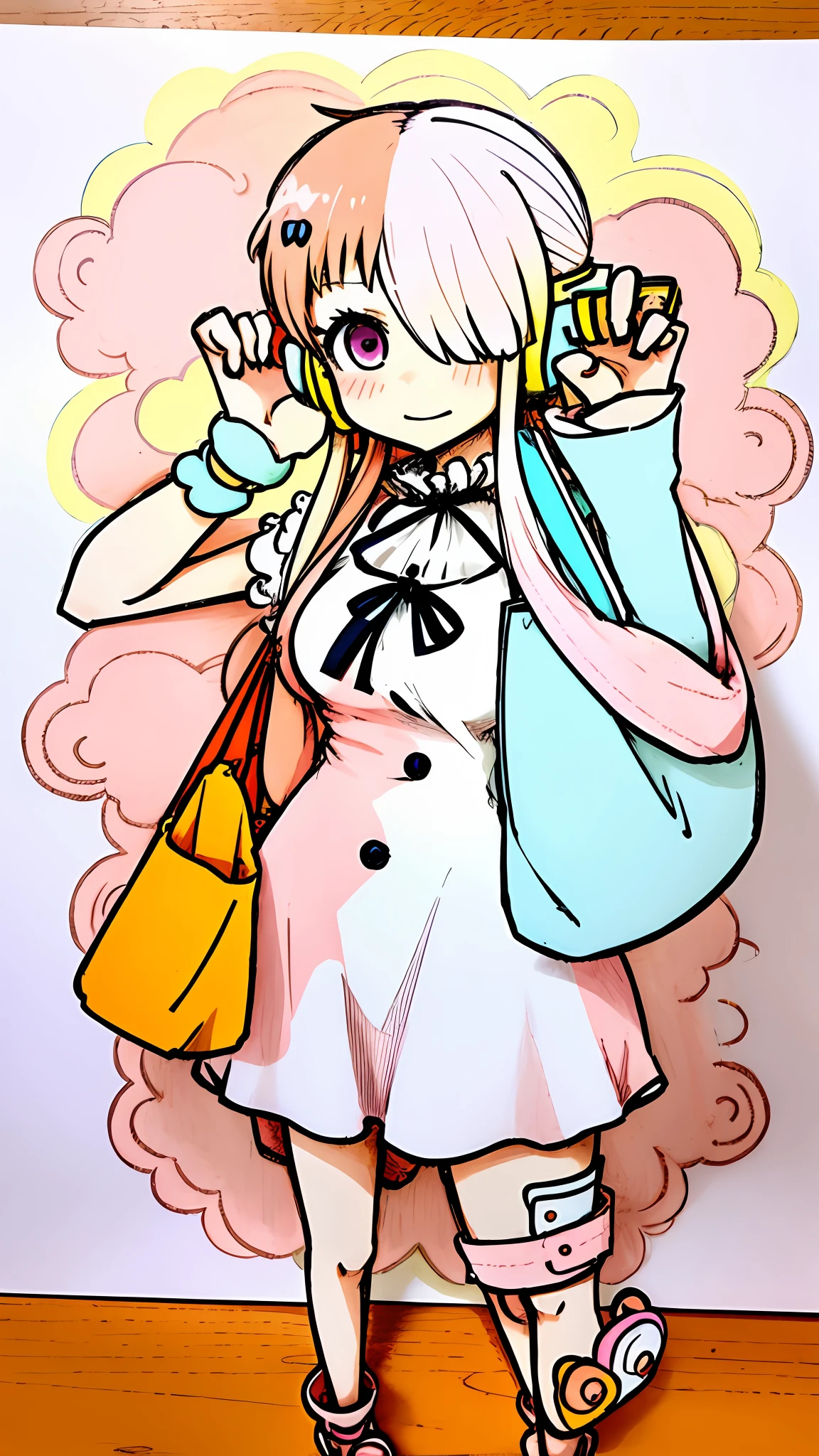 drawing of a girl in a dress holding a bag, small curved , anime drawing, as an anime character, female protagonist 👀:8, One piece anime character, uta character, anime girl, anime drawing, yandere complex, anime figure, holding pudica pose, chiaki nanami from danganronpa