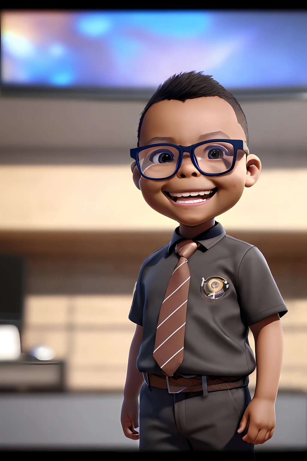 guttonerdvision3, a 3-year-old boy wearing glasses, light brown skin, skin details, smiling, wearing social clothing and tie. Television news scenario. Chibi style drawing, detailed, unreal engine, background blur, 8k