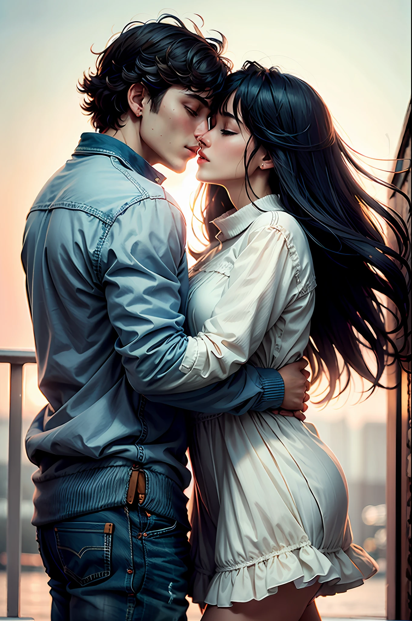 Romantic couple kissing in the classic wind