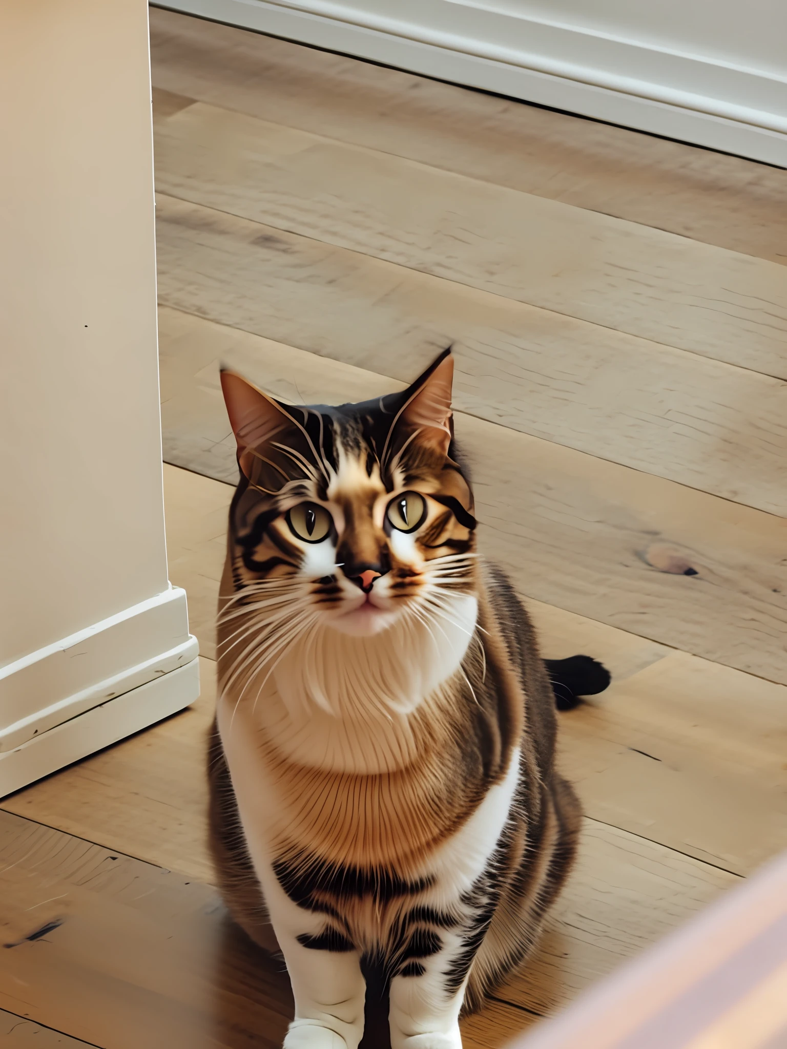 There is a cat sitting on the floor looking at the lens, looks confused, looking at the camera, a picture of a cat, looking directly at the camera, away from the camera, cat photo, very handsome,