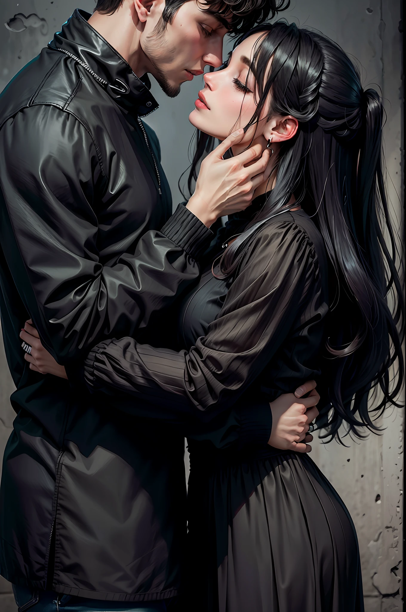 Romantic couple kissing with black clothes