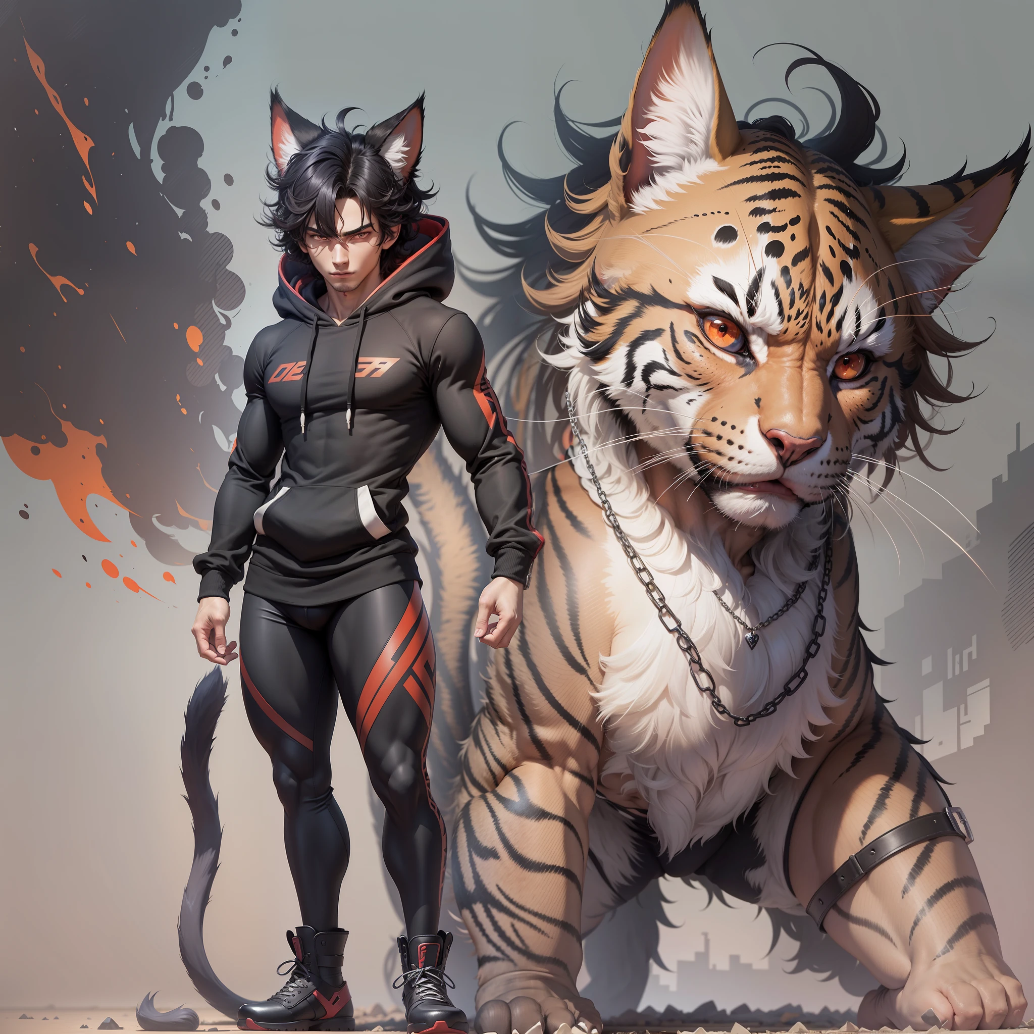 21 year old man, toned, flexing, sharp big cat ears, cat tail, big black messy hair, extremely vibrant red eyes, masterpiece, vibrant, bodysuit , slim dark black hoodie, full body view, cute face, black thigh socks, combat boots.