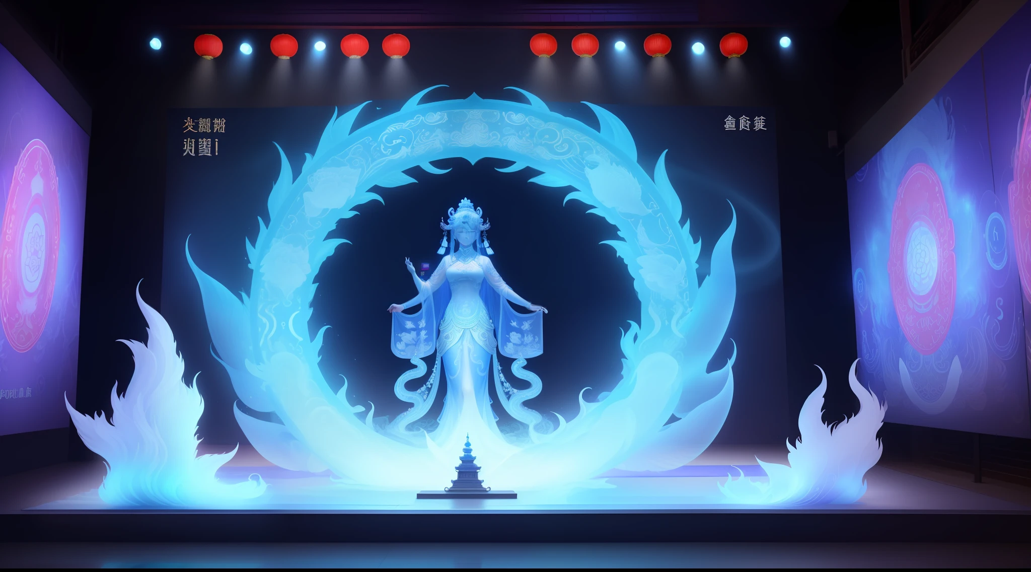 A large immersive interactive experience exhibition hall in Chinese mythology style about the goddess of ocean peace Mazu, several modern audiences around a large transparent holographic Mazu goddess digital image interactive LED installation in the middle of the exhibition hall, referring to the beautiful and dignified shape of the Mazu statue on Meizhou Island in Fujian, there are many small transparent screens surrounding it, there are different transparent holograms of Chinese gods on the screen, including the Four Seas Dragon King, etc., the wall has Chinese cultural interactive installations, and the floor has the light and shadow of ocean waves and holographic images, The whole is full of immersive mysterious art feeling, the audience and the screen interact, digital interaction, immersive atmosphere, mixed with some Chinese goddess Mazu culture and traditional ornamentation patterns, there are 12 projectors on the top to project the picture to the wall, and some viewers are interacting with the LED screen, bright, ethereal space
