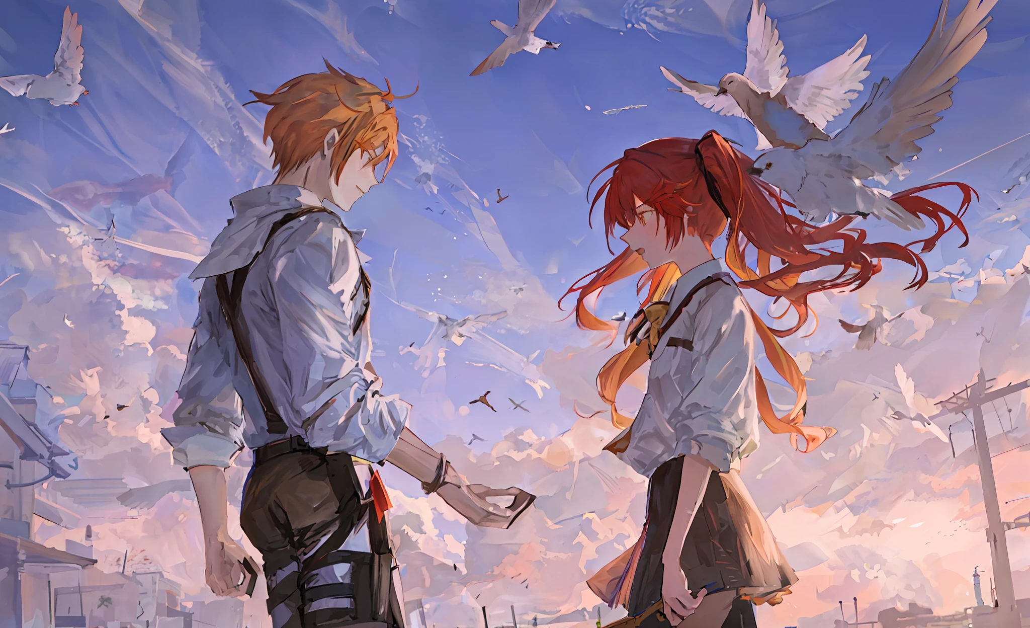 anime couple walking in the wind with birds flying around, shinkai, 1girl and 1boy,boy with yellow hair,sunsut,sky,girl with red hair, High ponytail,black shirt, (black skirt),best quality,8k,The attacking giant, Arnold