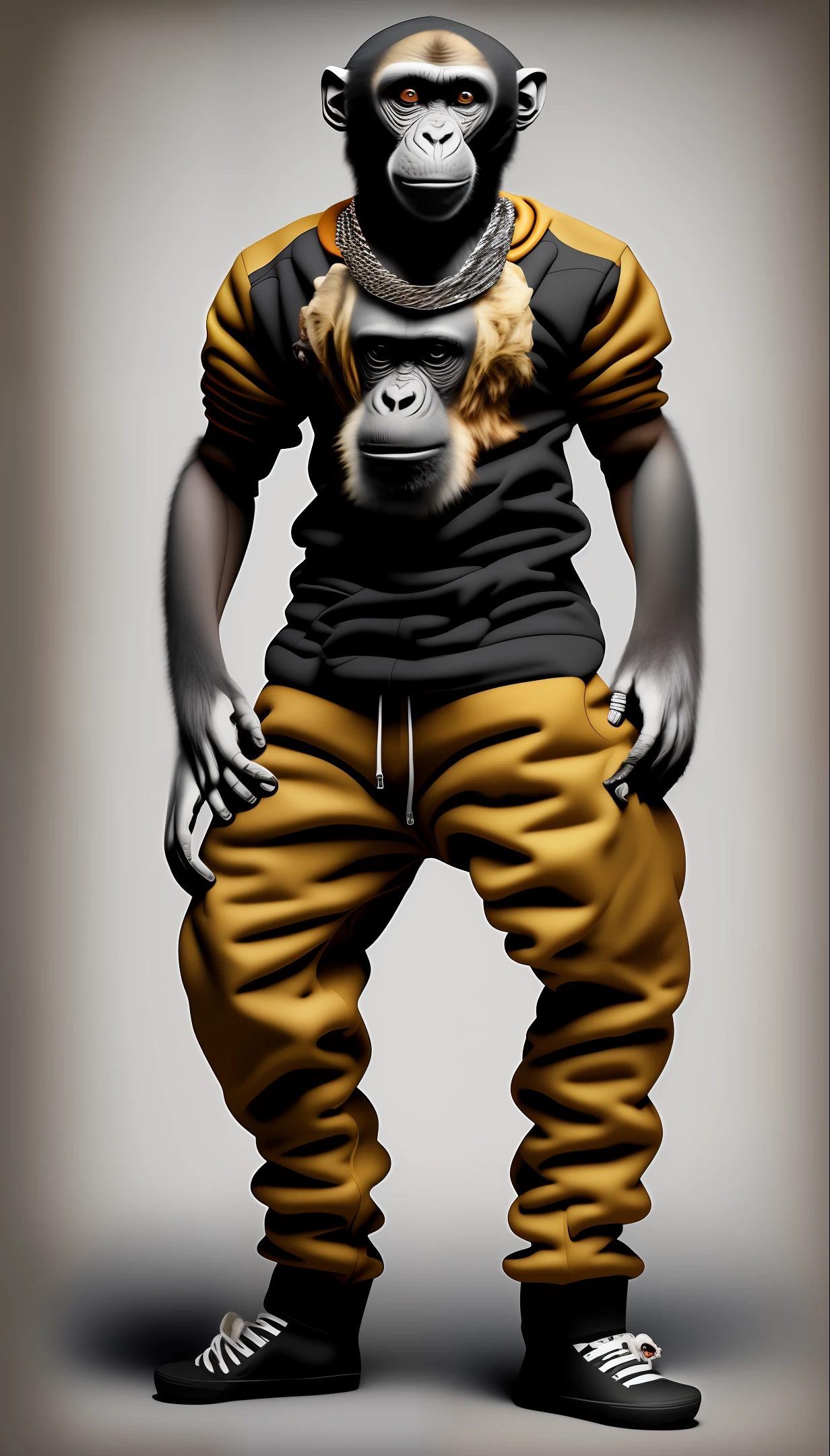 Create an image of a primate in human hip hop clothes with human structure