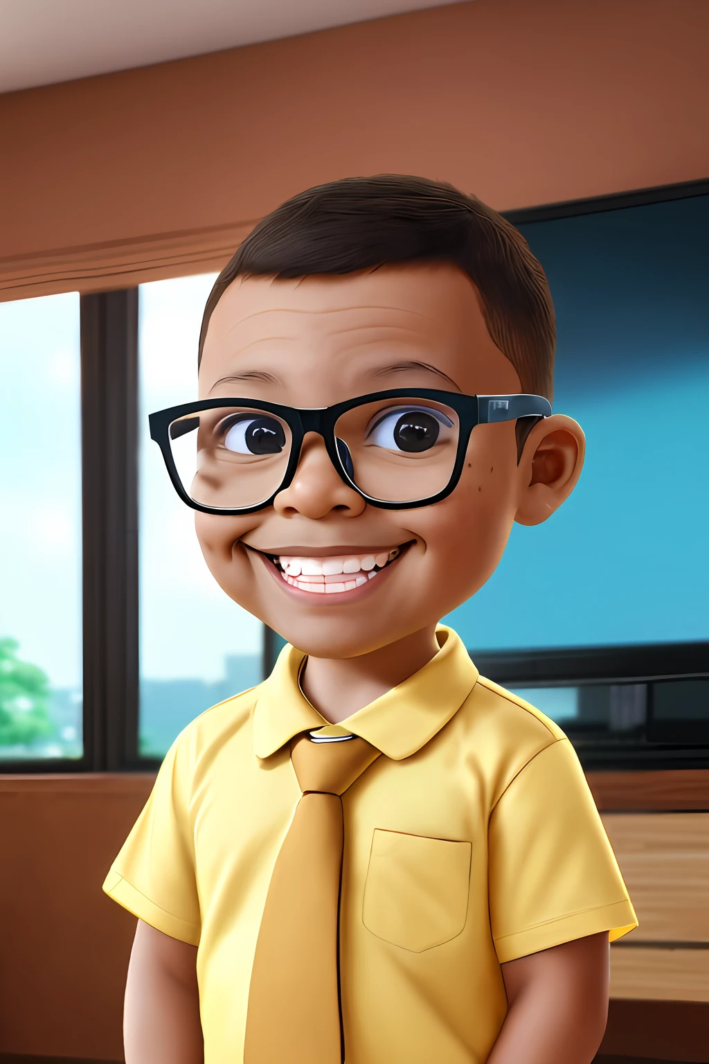 guttonerdvision3, a 3-year-old boy wearing glasses, light brown skin, skin details, smiling, wearing social clothing and tie. Television news scenario. Chibi style drawing, detailed, unreal engine, background blur, 8k