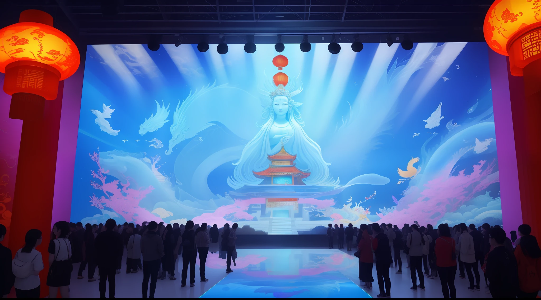 A large immersive interactive experience exhibition hall in Chinese mythology style about the goddess of ocean peace Mazu, several modern audiences around a large transparent holographic Mazu goddess digital image interactive LED installation in the middle of the exhibition hall, referring to the beautiful and dignified shape of the Mazu statue on Meizhou Island in Fujian, there are many small transparent screens surrounding it, there are different transparent holograms of Chinese gods on the screen, including the Four Seas Dragon King, etc., the wall has Chinese cultural interactive installations, and the floor has the light and shadow of ocean waves and holographic images, The whole is full of immersive mysterious art feeling, the audience and the screen interact, digital interaction, immersive atmosphere, mixed with some Chinese goddess Mazu culture and traditional ornamentation patterns, there are 12 projectors on the top to project the picture to the wall, and some viewers are interacting with the LED screen, bright, ethereal space