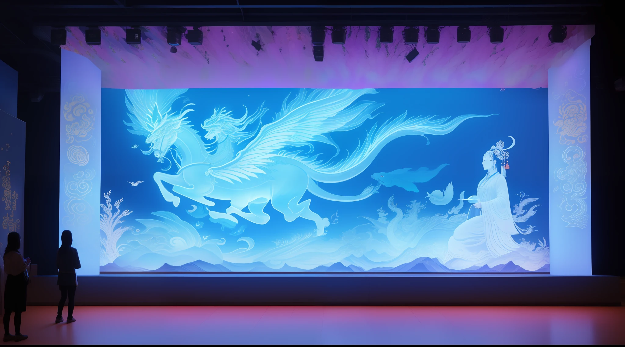 A large immersive interactive experience exhibition hall in Chinese mythology style about the goddess of ocean peace Mazu, several modern audiences around a large transparent holographic Mazu goddess digital image interactive LED installation in the middle of the exhibition hall, referring to the beautiful and dignified shape of the Mazu statue on Meizhou Island in Fujian, there are many small transparent screens surrounding it, there are different transparent holograms of Chinese gods on the screen, including the Four Seas Dragon King, etc., the wall has Chinese cultural interactive installations, and the floor has the light and shadow of ocean waves and holographic images, The whole is full of immersive mysterious art feeling, the audience and the screen interact, digital interaction, immersive atmosphere, mixed with some Chinese goddess Mazu culture and traditional ornamentation patterns, there are 12 projectors on the top to project the picture to the wall, and some viewers are interacting with the LED screen, bright, ethereal space