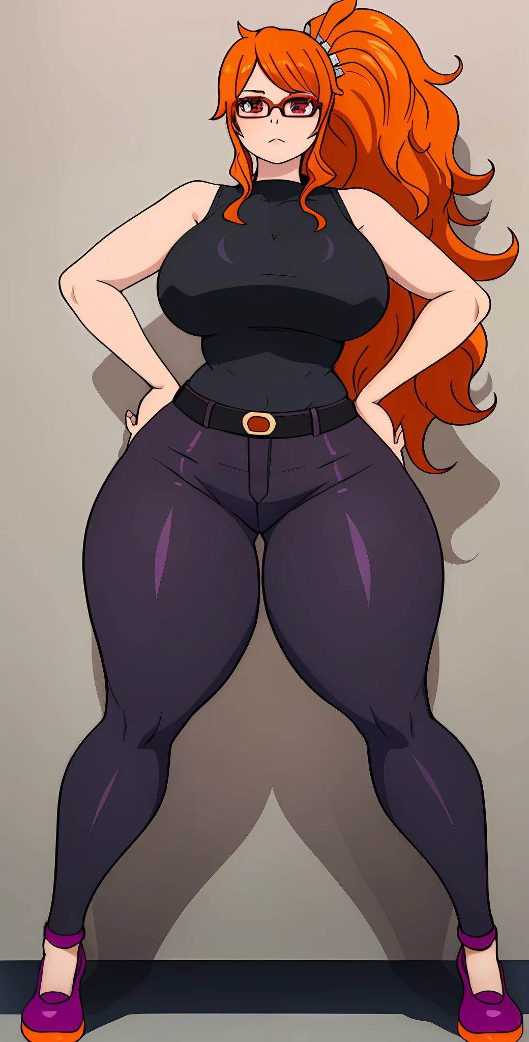 1 girl, super wide hips, super large butt, thicc, super large hips, super large thighs, super large breasts, black spandex pants, long red orange hair, purple sleeveless shirt, glasses, long ponytail, hourglass figure, black shoes, red orange eyes, masterpiece, high res, One Piece