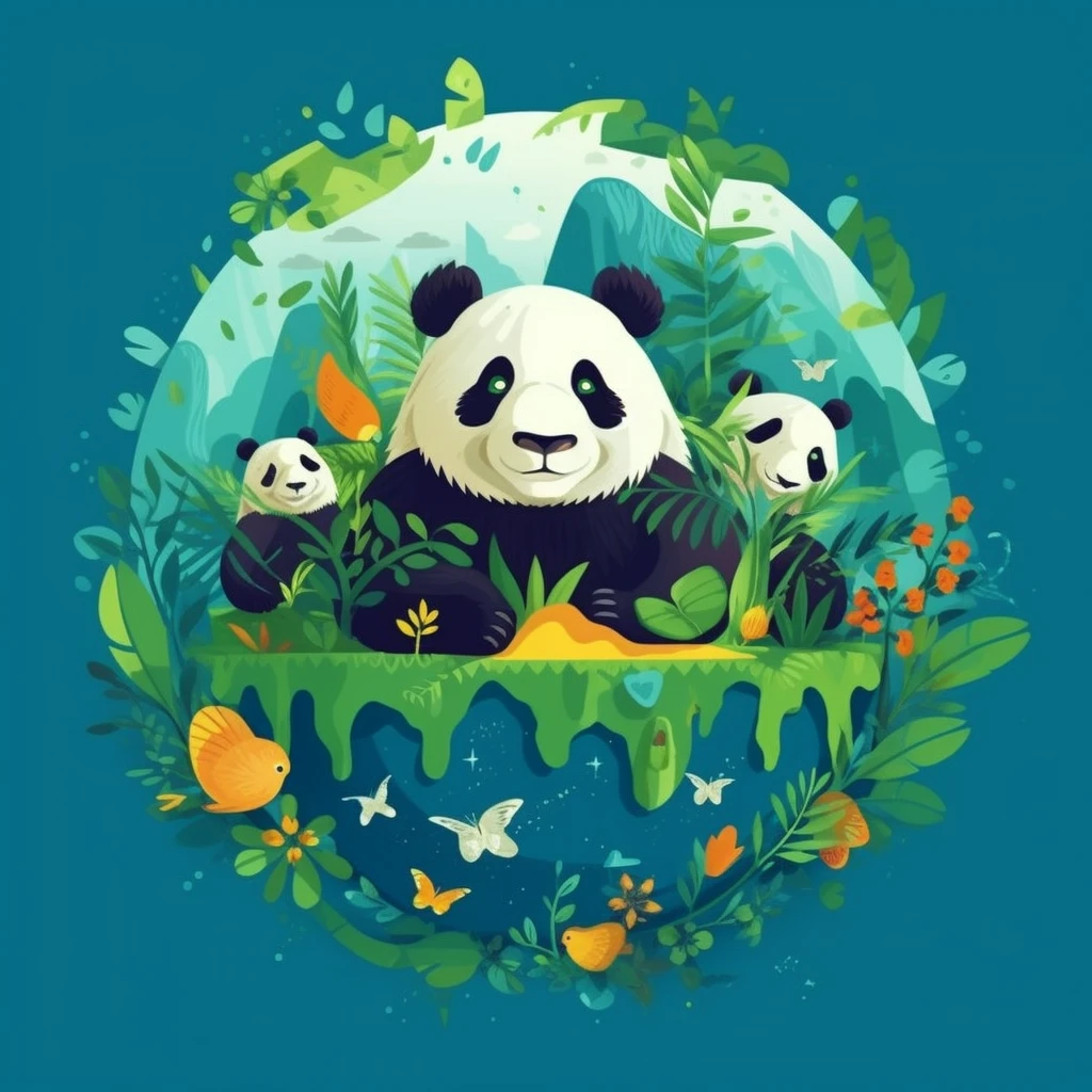 Earth Day poster, flat illustration, super cute Chinese giant panda eating bamboo and tiger, lion, elephant in green spherical earth, trees, flowers, landscapes, blue, green, yellow, simple background, center composition, bright colors, light and shade contrast, ultra high detail, 4k, flat illustration