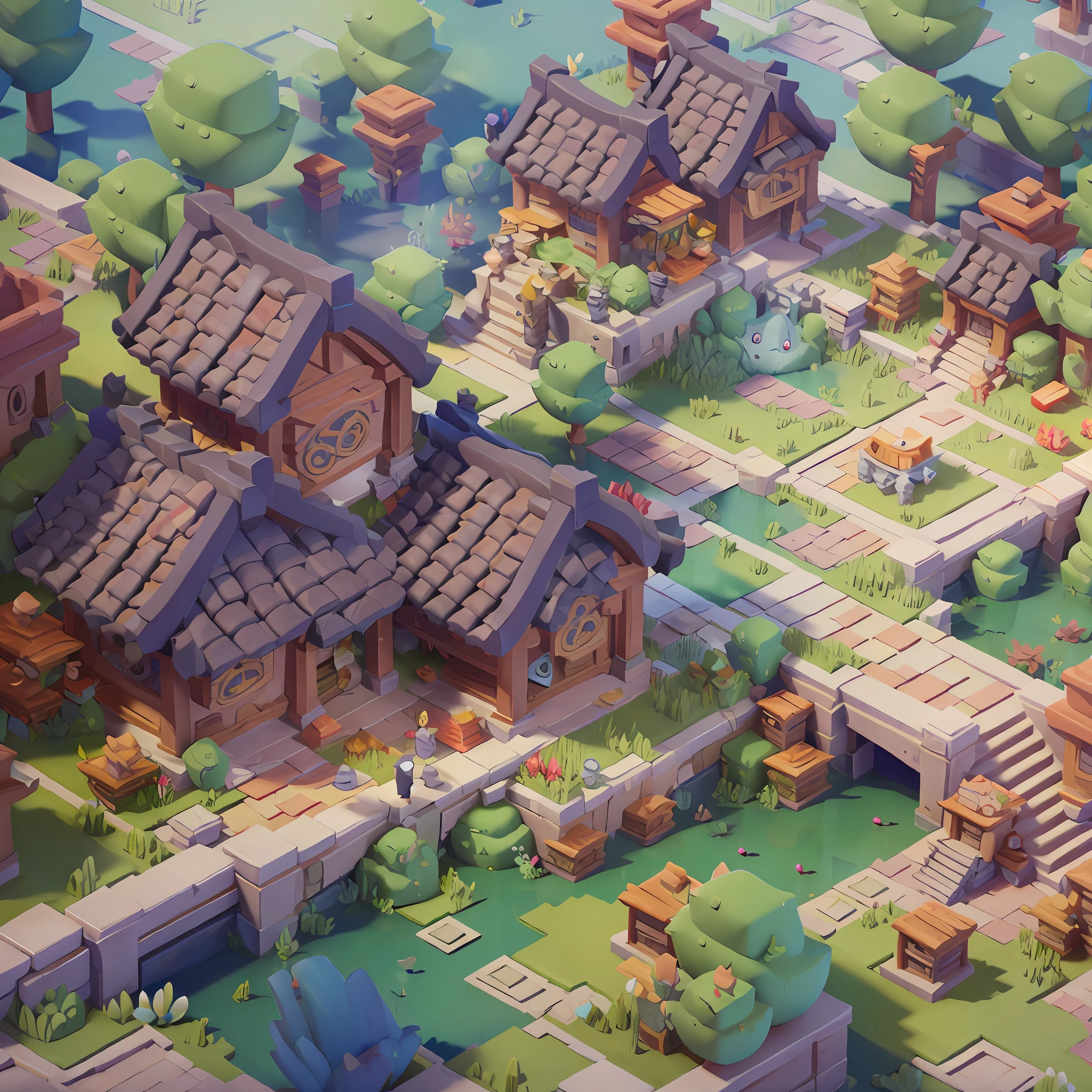 Game architectural design, cartoon, ancient Chinese town, stone, brick, grass, river, flowers, casual play style, 3d, blender, masterpiece, super detail, best quality