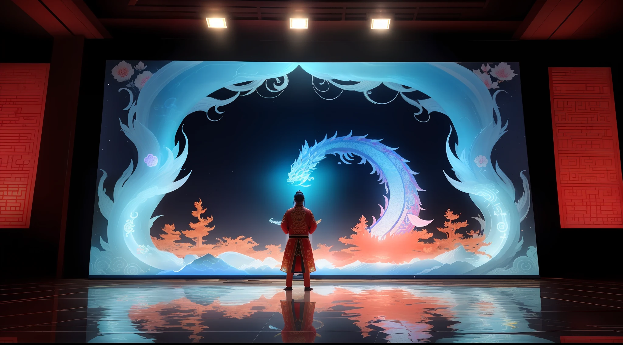 A large immersive interactive experience exhibition hall in Chinese mythology style about the goddess of ocean peace Mazu, several modern audiences around a large transparent holographic Mazu goddess digital image interactive LED installation in the middle of the exhibition hall, referring to the beautiful and dignified shape of the Mazu statue on Meizhou Island in Fujian, there are many small transparent screens surrounding it, there are different transparent holograms of Chinese gods on the screen, including the Four Seas Dragon King, etc., the wall has Chinese cultural interactive installations, and the floor has the light and shadow of ocean waves and holographic images, The whole is full of immersive mysterious art feeling, the audience and the screen interact, digital interaction, immersive atmosphere, mixed with some Chinese goddess Mazu culture and traditional ornamentation patterns, there are 12 projectors on the top to project the picture to the wall, and some viewers are interacting with the LED screen, bright, ethereal space