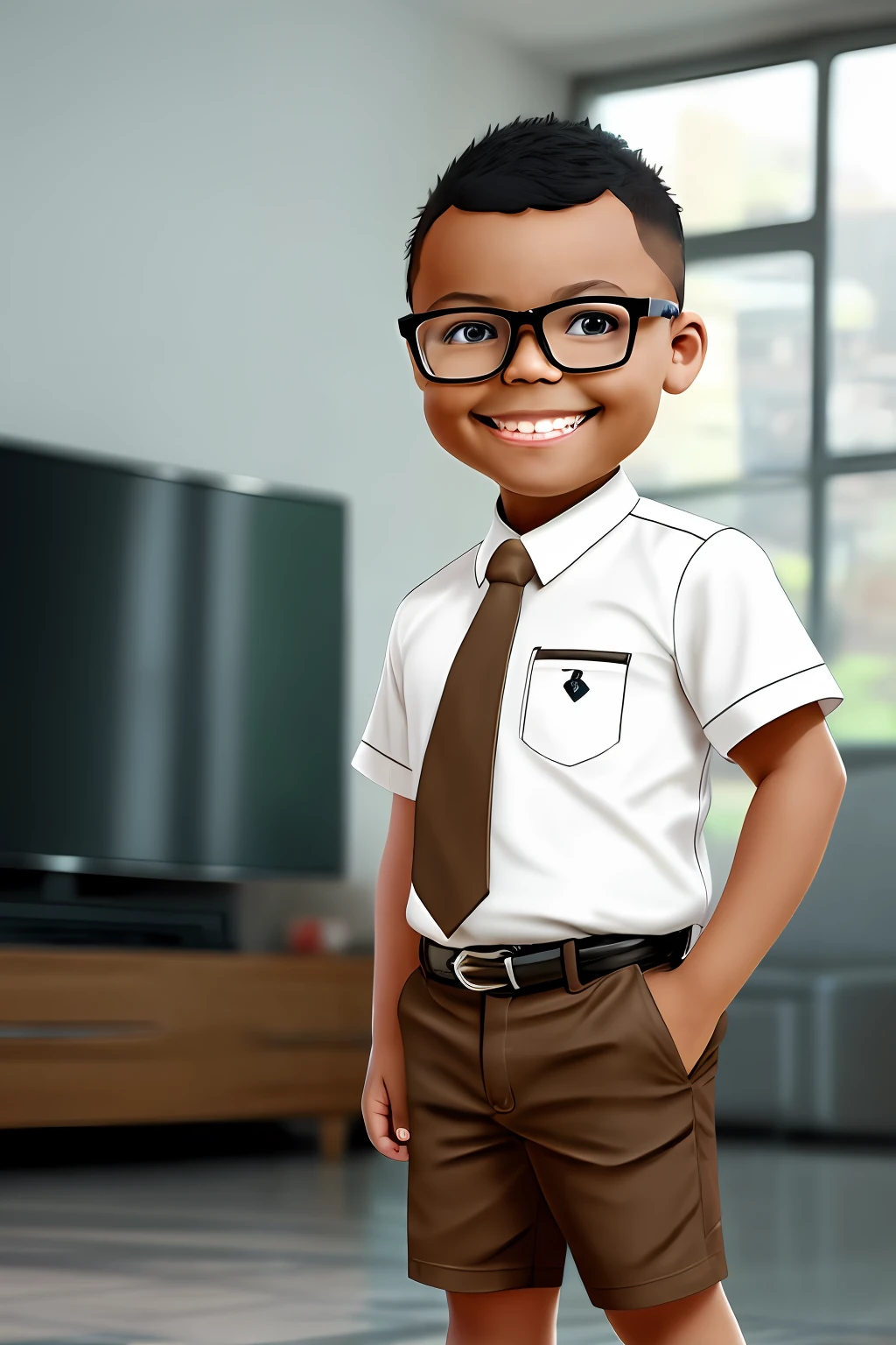 guttonerdvision3, a 3-year-old boy wearing glasses, light brown skin, skin details, happy, wearing social clothing and tie. Television news scenario. Chibi style drawing, detailed, unreal engine, background blur, 8k