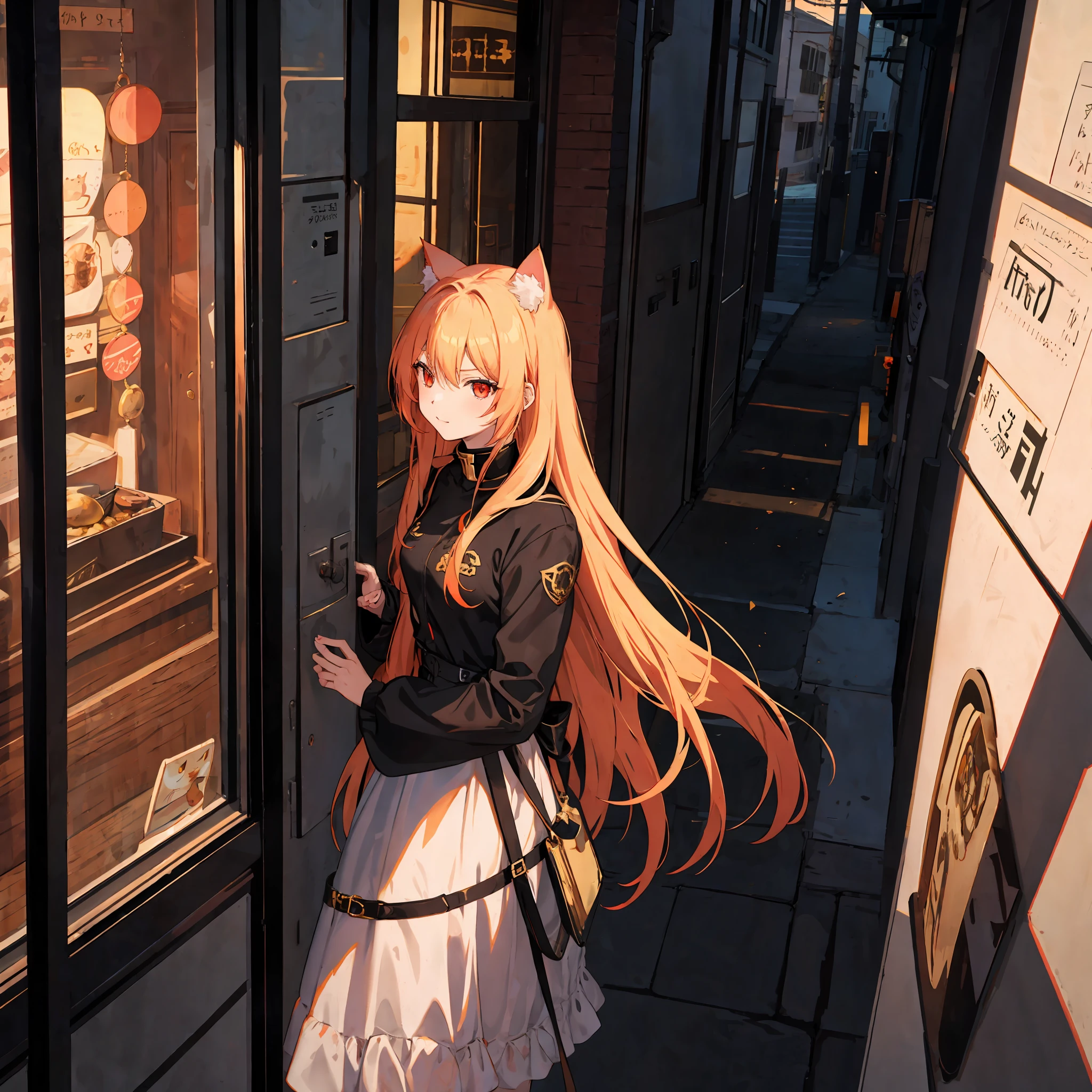 Cat girl, demi-human, beautiful, golden hair, red eyes, anime, outside, daylight