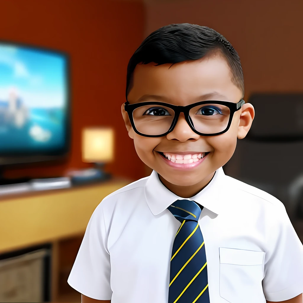 guttonerdvision3, a 3-year-old boy wearing glasses, light brown skin, skin details, smiling, wearing social clothing and tie. Television news scenario. Chibi style drawing, detailed, unreal engine, background blur, 8k