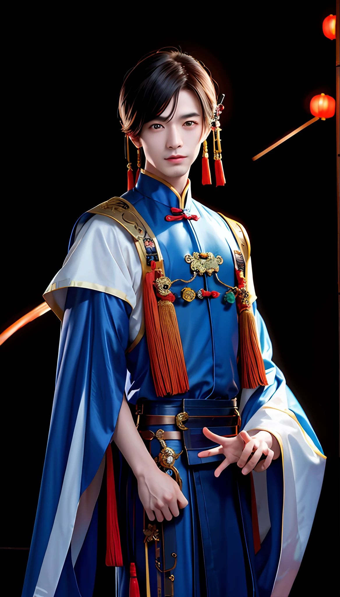 1 Man, Chinese Style, Ancient Chinese, Masterpiece, Best Quality, 1 Male, Handsome, Chinese Style Face, Chinese Style Hair, Symmetrical Eyes, Best Ratio of Four Fingers and One Thumb, Best Light and Shadow, Background, Moderate Sunshine, Wearing Chinese Style Costume, Cyborg, Mechanical Sleeves, Cyberpunk, Sci-Fi, Bust, Futuristic Costume, Speed, Black Background, Chinese Style Cyberpun