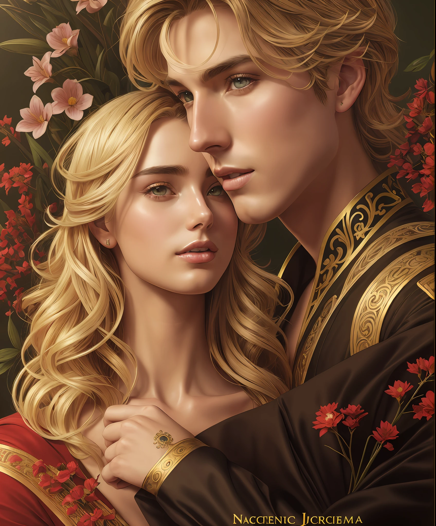 Neels Visser is a prince who has golden blonde hair, wears a medieval military outfit and is in love with commoner Lily Collins, who has curly ebony black hair and wears a simple red dress, the two kiss very affectionately, illustration of a romance book cover with a detailed, soft and bright background full of flowers, art by Greg Hildebrandt, Citemer Liu, Stjepan Sejic, Samyang, Aykut Aydogdu, Justin Gerard, Alphonse Mucha, Artgerm, WLOP and Greg Rutkowski modelshoot style, (extremely detailed CG 8k wallpaper), full body photo of the world's most beautiful artwork, majestic professional oil painting