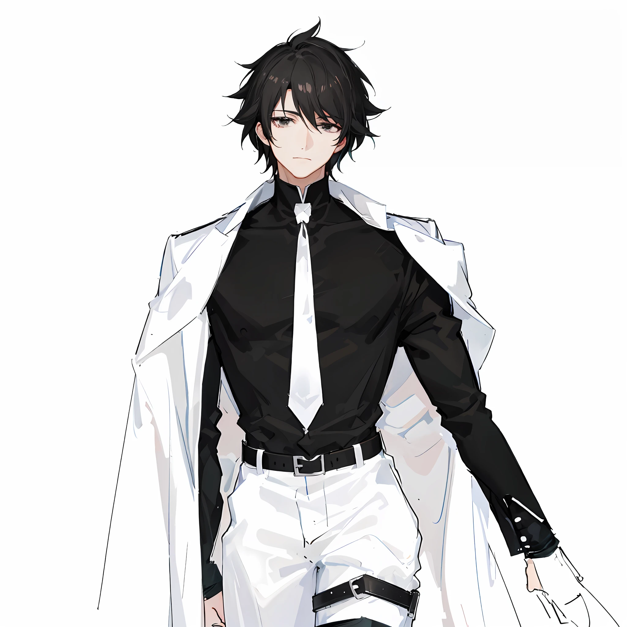 The anime characters are dressed in black and white with a cape draped over their shoulders, inspired by Masanobu Okumura, a tall anime guy with black eyes, a single character full body, handsome anime poses, beautiful androgynous princes, delicate hermaphroditic princes,!! Full body portrait !!, anime full body illustration, inspired by Tohisa Okumura