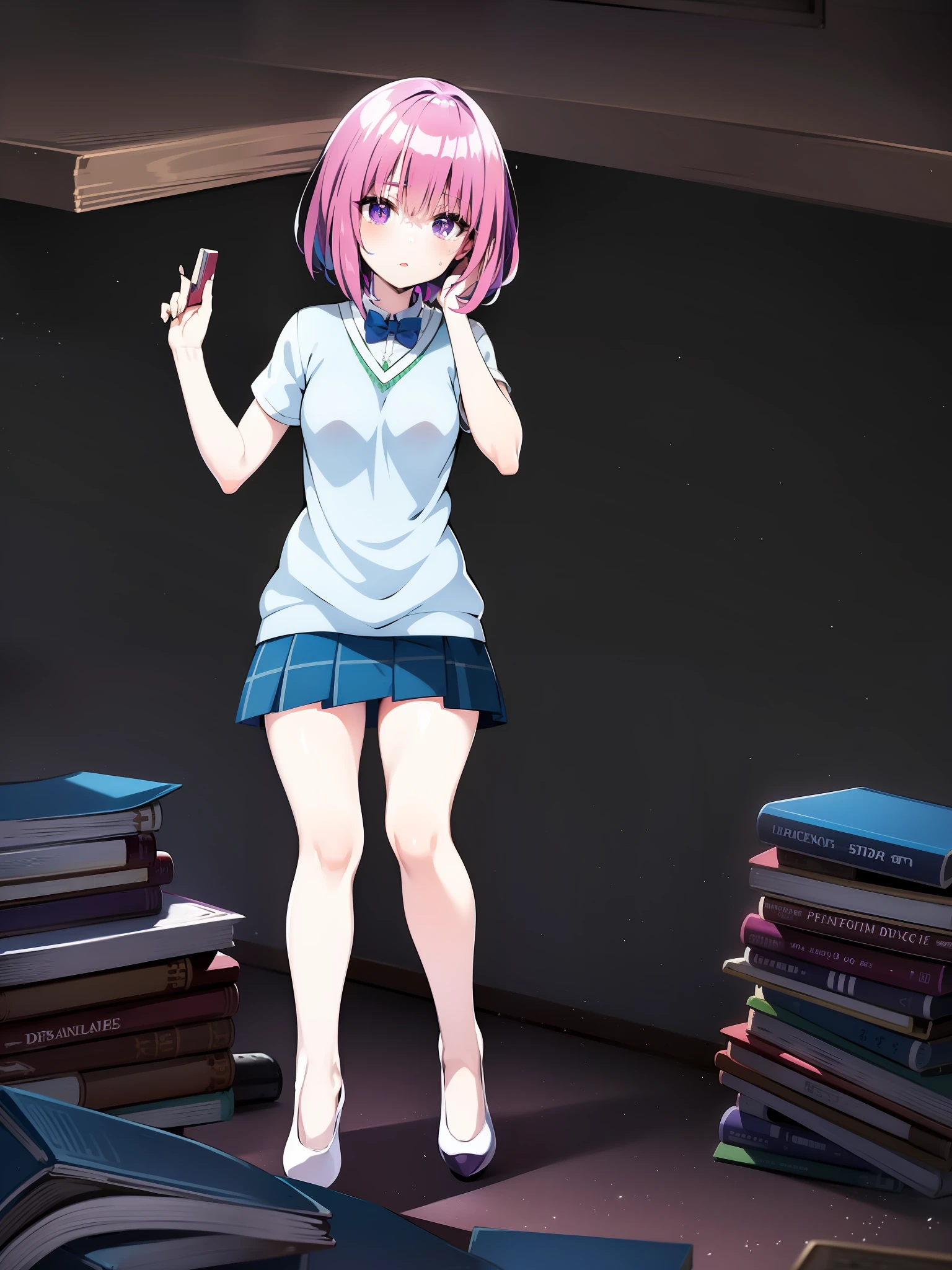 Anime purple haired girl standing in front of a pile of books in a short skirt and purple shirt