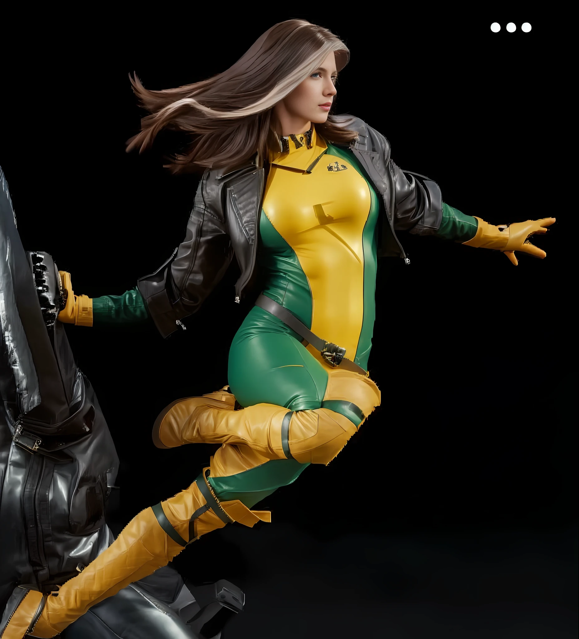 4K, German woman, leather suit, long hair, denim jacket, muscular body.