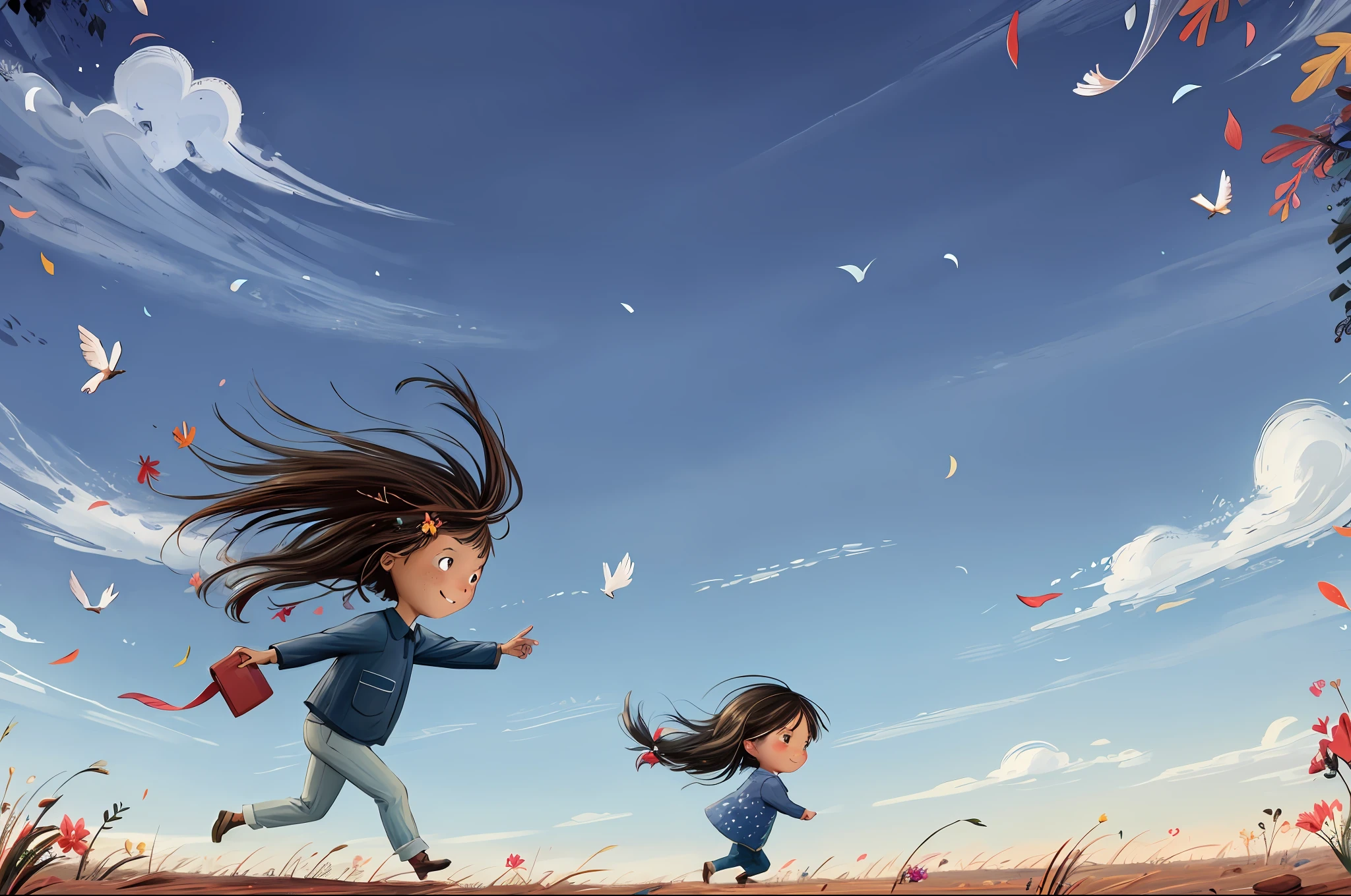Jesse Oliver Aarons, Jr., dad, minivan, ink color,
1 girl, solo, long hair, blush, smile, freckles, flying leaves, flying flowers,
A boy running on the grass,
Bird, Cat,
2D, line art,
illustration