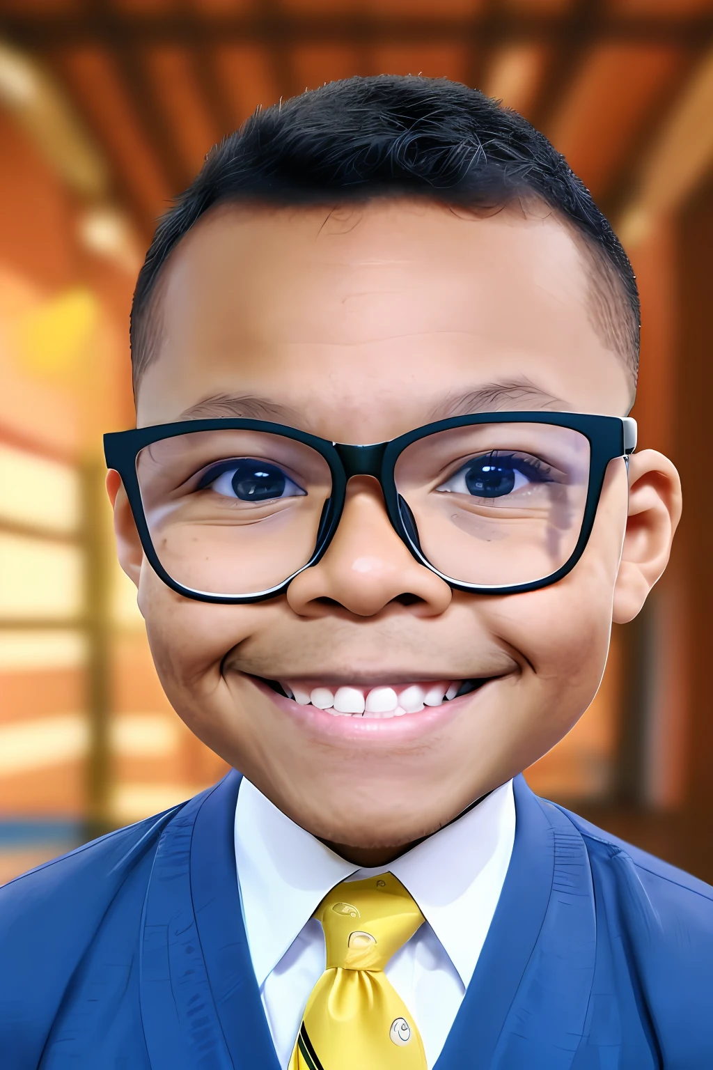 guttonerdvision3, a 3-year-old boy wearing glasses, light brown skin, skin details, smiling, wearing social clothing and tie. Television news scenario. Chibi style drawing, detailed, unreal engine, background blur, 8k