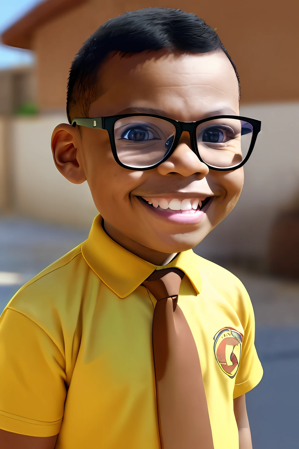 guttonerdvision3, a 3-year-old boy wearing glasses, light brown skin, skin details, smiling, wearing social clothing and tie. Whole body. Television news scenario. Chibi style drawing, detailed, unreal engine, background blur, 8k