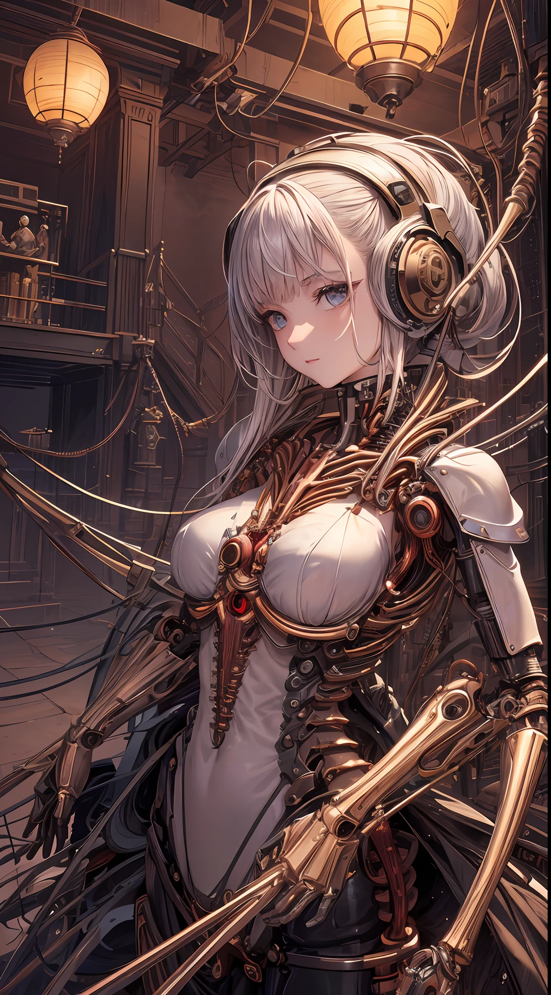 (((masterpiece))), ((best quality)), (ultra-detailed), (CG illustration), (an extremely devious and beautiful)), cinematic light, ((1 mechanical girl)), single, (machine-made joints: 1.4), ((mechanical limbs)), ( blood vessels attached to the tube), ((mechanical spine attached to the back)), ((mechanical cervical vertebrae attached to the neck), ((back to the viewer)), expressionless, (wires and cables attached to the head and body: 1.5), science fiction, the end times,