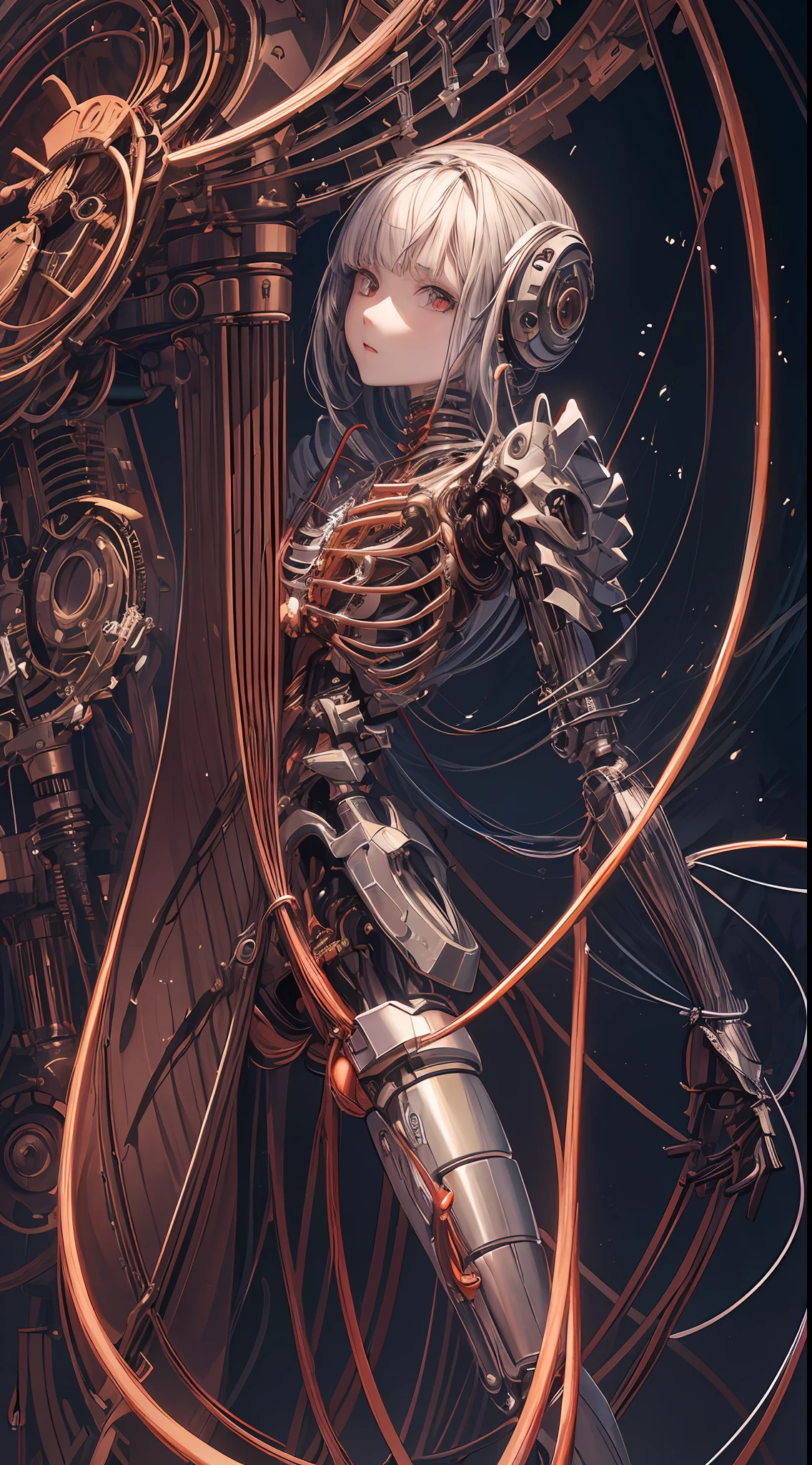 (((masterpiece))), ((best quality)), (ultra-detailed), (CG illustration), (an extremely devious and beautiful)), cinematic light, ((1 mechanical girl)), single, (machine-made joints: 1.4), ((mechanical limbs)), ( blood vessels attached to the tube), ((mechanical spine attached to the back)), ((mechanical cervical vertebrae attached to the neck), ((back to the viewer)), expressionless, (wires and cables attached to the head and body: 1.5), science fiction, the end times,