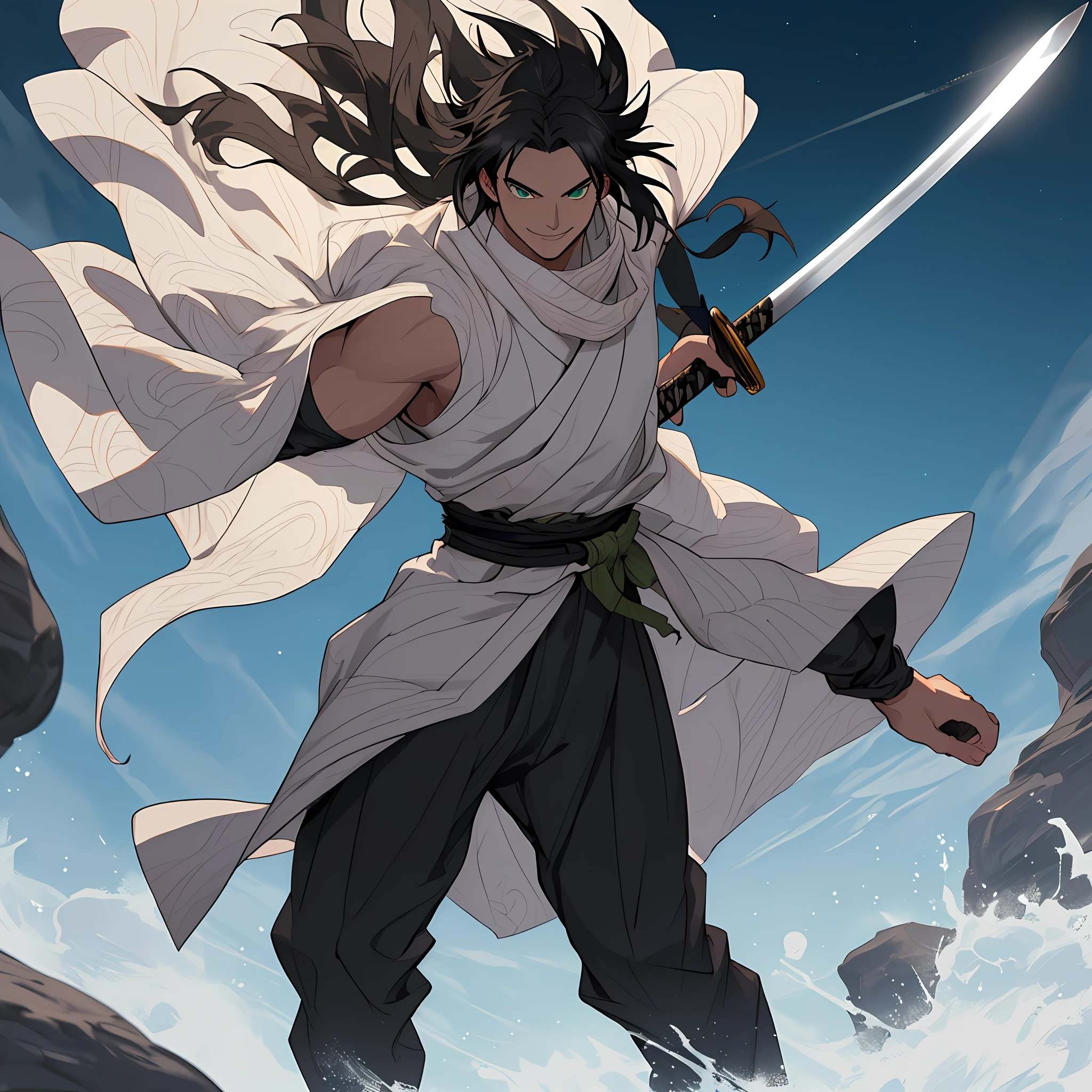 ((best quality)), ((ultradetailed)), ((masterpiece)), best quality (katana: 1.4), serious,(at night: 1.4), a -yeld whas his hair in black, long that is loose in the wind, his hair is continuous and poured down his body, smooth and shiny, which falls gently to the waist. Your hair is thick and has a healthy appearance, your hair is large and not stuck, contrasting with your fair skin. The young man's eyes are deep and emerald green, intense as two light pearls. They reflect calm and an inquisitive curiosity. He has a big smile on his face and a watchful eye. With his upright posture, the young man shows a confident bearing and a cheerful and hyperactive aura. He wears a black and light green kimono with a large brown ribbon at his waist, sleeveless, made of a quality fabric. giving him the look of a swordsman. At his waist, he carries a white katana with gray details on the blade. The long, sharp blade is made of polished steel, reflecting light. The scabbard of the sword adorned with demonic symbols. He's on a rocky mountain feeling the wind. He has a cheerful face. He has a large torn brown scarf around his neck. The trees sway in the background. Kimetsu no Yaiba style, alone, 1boy, demon slayer style, loose hair, petulant look, smiling, confident, only 1, spilled hair, loose and big hair, demon slayer artstyle, full body