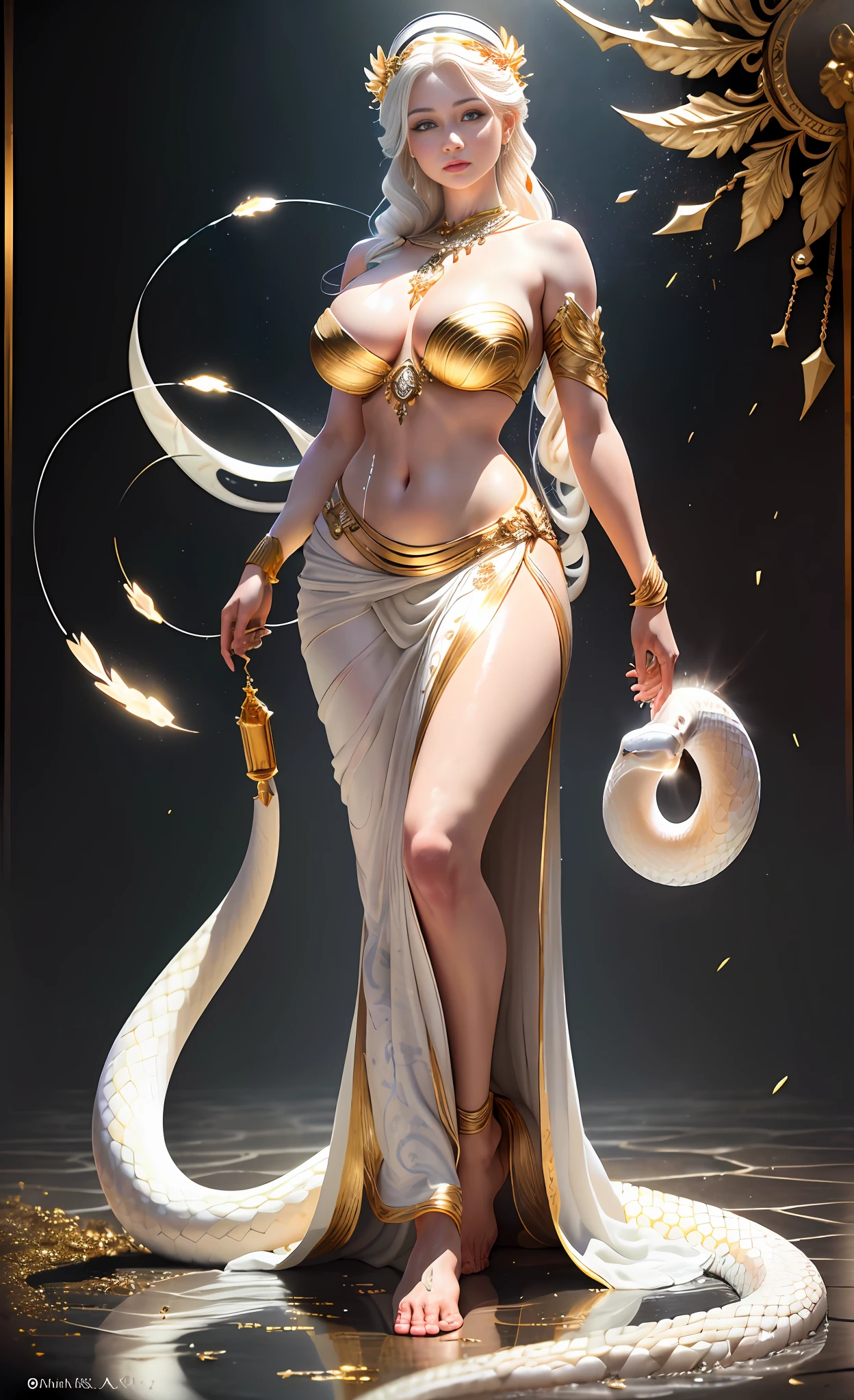 Realistic Photography, Realism, Standing Barefoot, White Snake Marble Statue (Big Breasts, Beauty, Marble Statue, Divine), Ultra Realistic, Clear Details, (Full Body), 8K, (Original), CG, Skin Scales, Fracture, Masterpiece, Original Photo, SFW, Divine (0.8), (Asymmetrical Gold Ornaments: 0.7), (Ultra Detailed), Clear Focus, Soft Colors, 8K, 8mm, Shiny, Gel Particles, War Photography