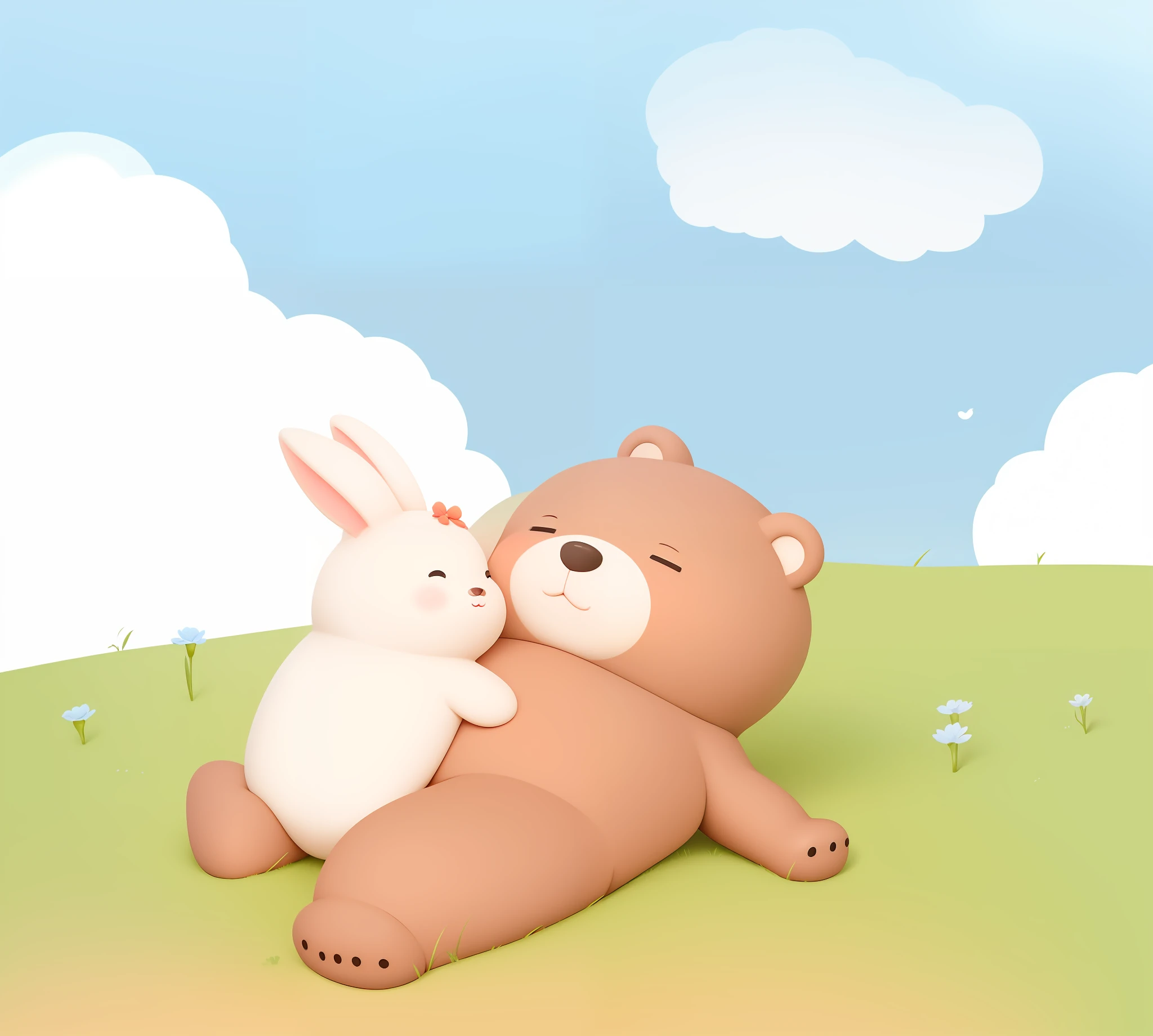 A bear and a rabbit, the bear lies on the lawn, the rabbit lies on the belly of the bear, the bear sleeps and snores, the rabbit sleeps deeply, the wind is beautiful in the morning, the blue sky and white clouds, the depth of field, the rabbit has flowers on its ears, the bear sleeps soundly, the bear has its mouth half open, spring, cute painting style, illustrations, green lawn, flowers, blush