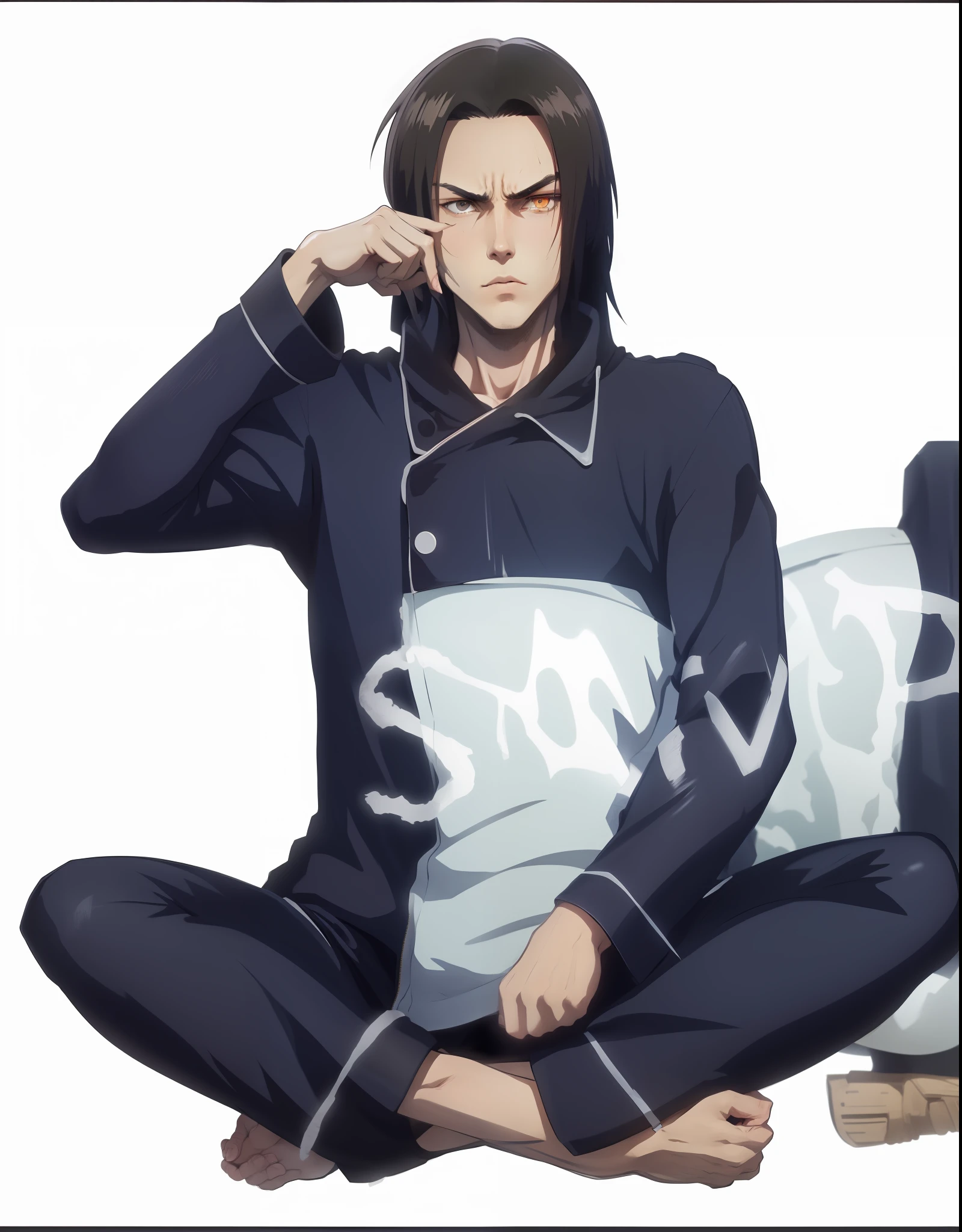 best quality, masterpiece, 1 man, Eren Jaeger, black jeans, brown hair, manbun, attack on Titan, cold background, black jacket, slim body, high definition, high quality, sunset background