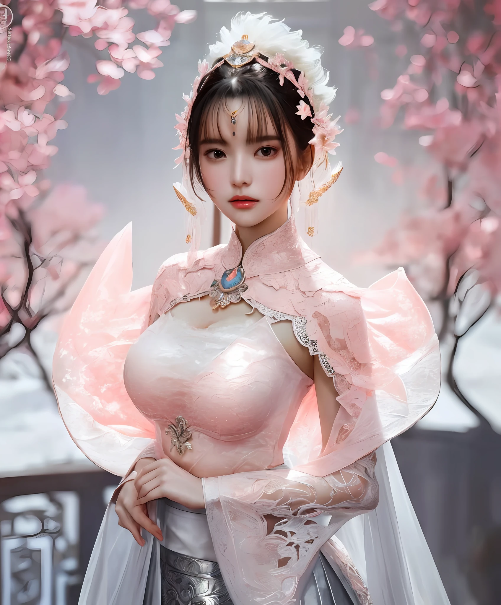 a sexy woman in a white gold and pink lotus lace armor skirt, chengwei pan on artstation, by Yang J, detailed fantasy art, stunning character art, fanart best artstation, epic exquisite character art, beautiful armor, extremely detailed artgerm, detailed digital anime art, artgerm on artstation pixiv, cleavage big breasts:1.2, (mini skirt:1,5)