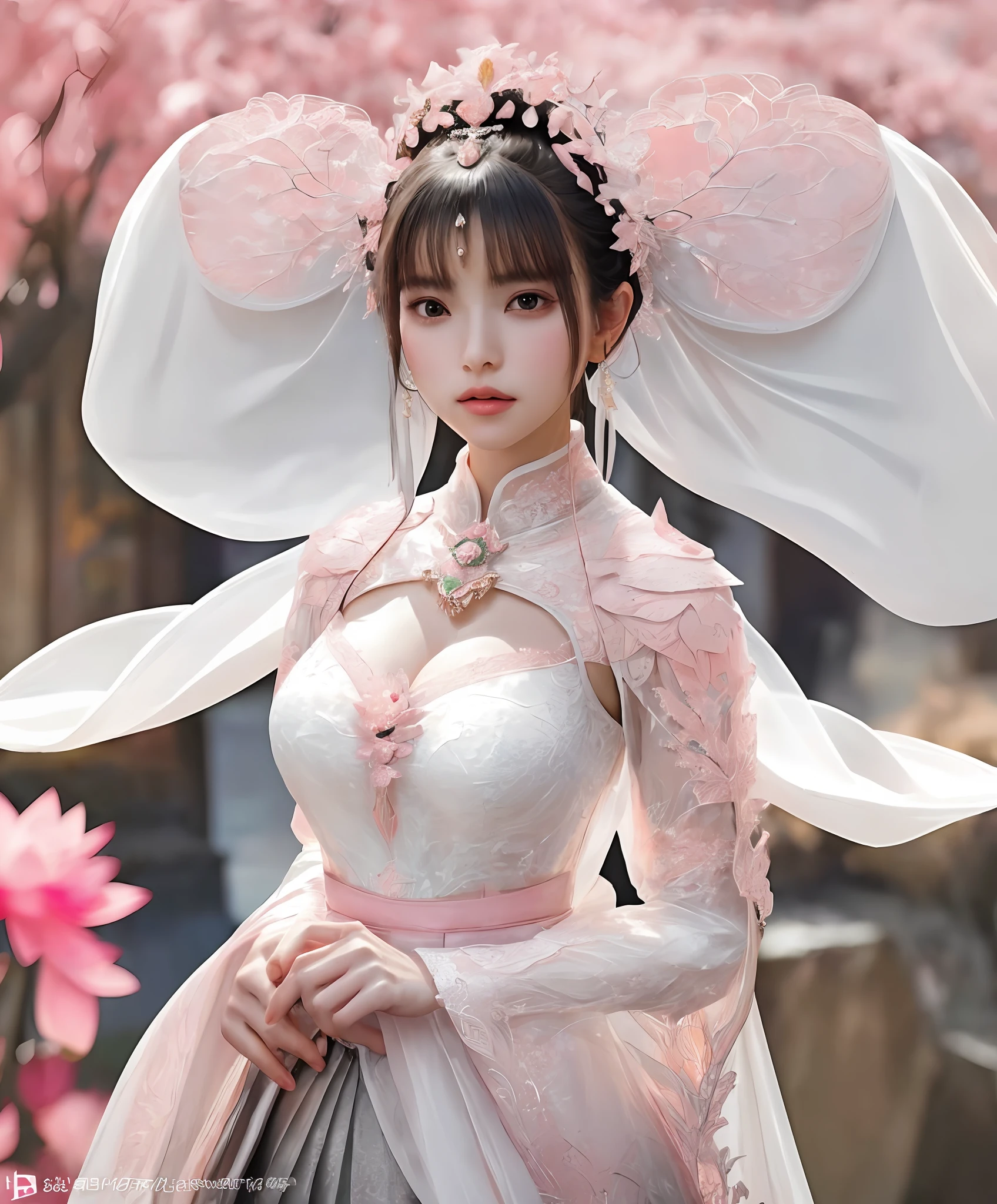 a sexy woman in a white gold and pink lotus lace armor skirt, chengwei pan on artstation, by Yang J, detailed fantasy art, stunning character art, fanart best artstation, epic exquisite character art, beautiful armor, extremely detailed artgerm, detailed digital anime art, artgerm on artstation pixiv, cleavage big breasts:1.2, (mini skirt:1,5)