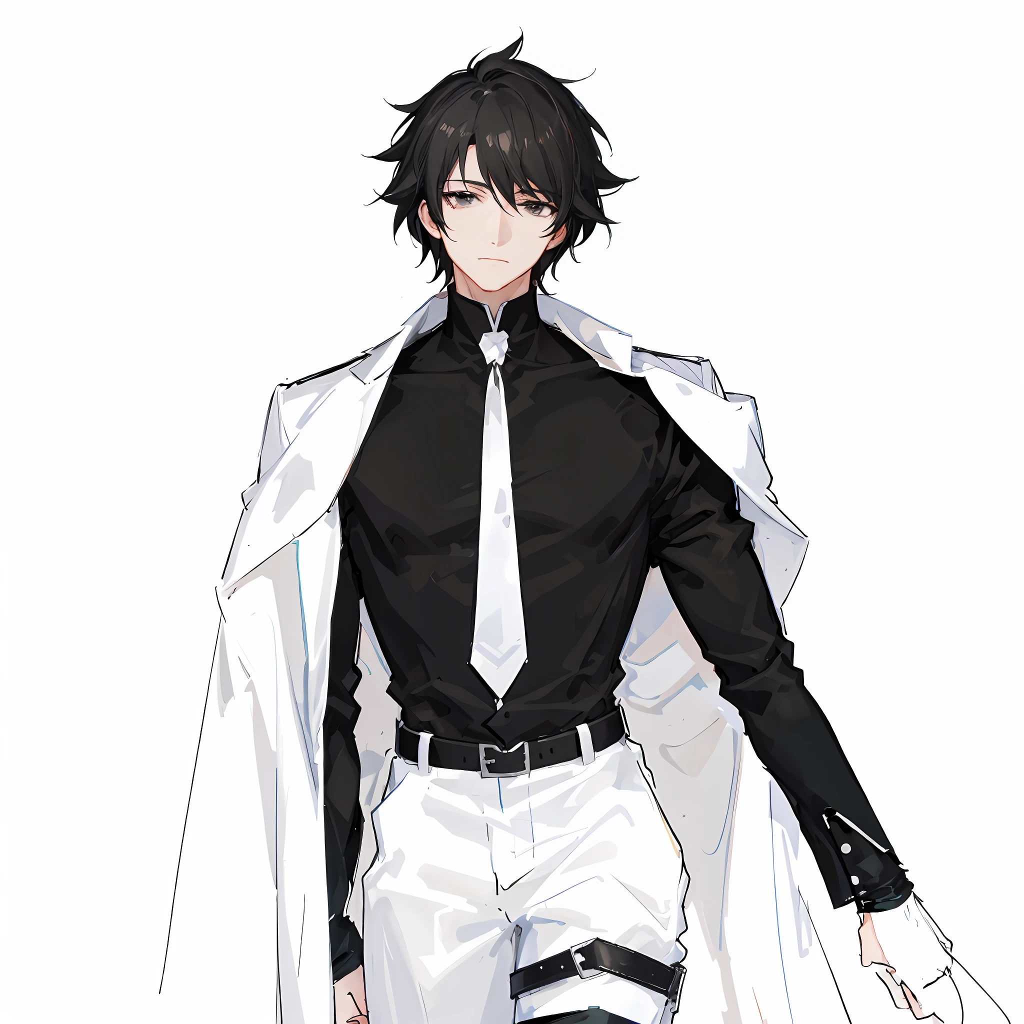 The anime characters are dressed in black and white with a cape draped over their shoulders, inspired by Masanobu Okumura, a tall anime guy with black eyes, a single character full body, handsome anime poses, beautiful androgynous princes, delicate hermaphroditic princes,!! Full body portrait !!, anime full body illustration, inspired by Tohisa Okumura