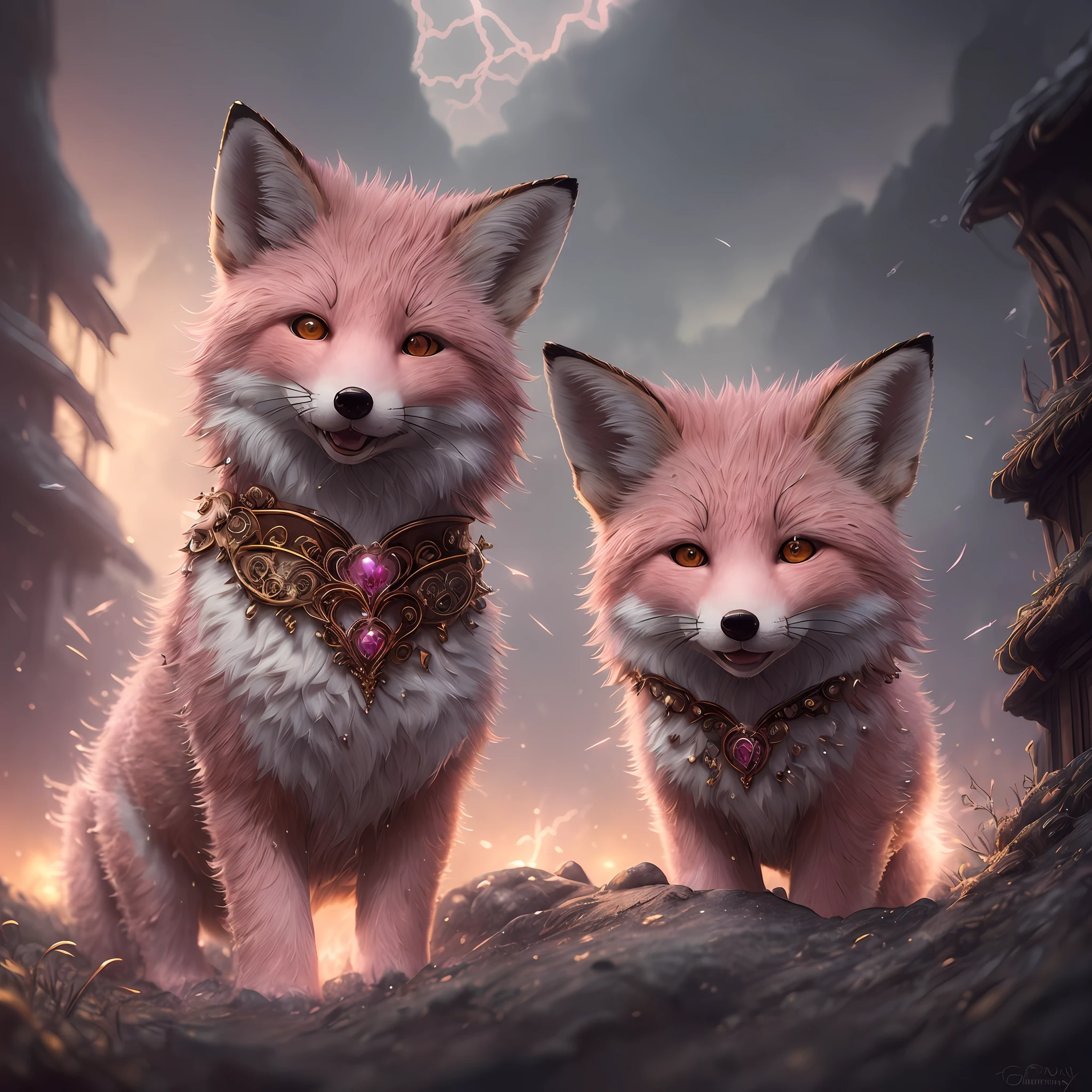Little cute furry, (2 pink foxes), sunny magic background, super precious details, intricate details, volumetric lighting, photo realism, realism, photography, digital art, 8k, trends on artstation, clear focus, studio photos, intricate details, very detailed, by Greg Rukowski, centered, symmetry, painted, intricate, volumetric lighting, pretty, rich dark masterpiece, sharp focus, ultra-detailed, in the style of Dan Mumford and Marc Simonetti, trends on artstation, sharp focus, studio photo, intricate details, very detailed, wearing a delicate golden crown, (pink hair plump, long), keep smiling, (scattered magic spots), 9 backgrounds a lightning bolt cuts through the night sky)