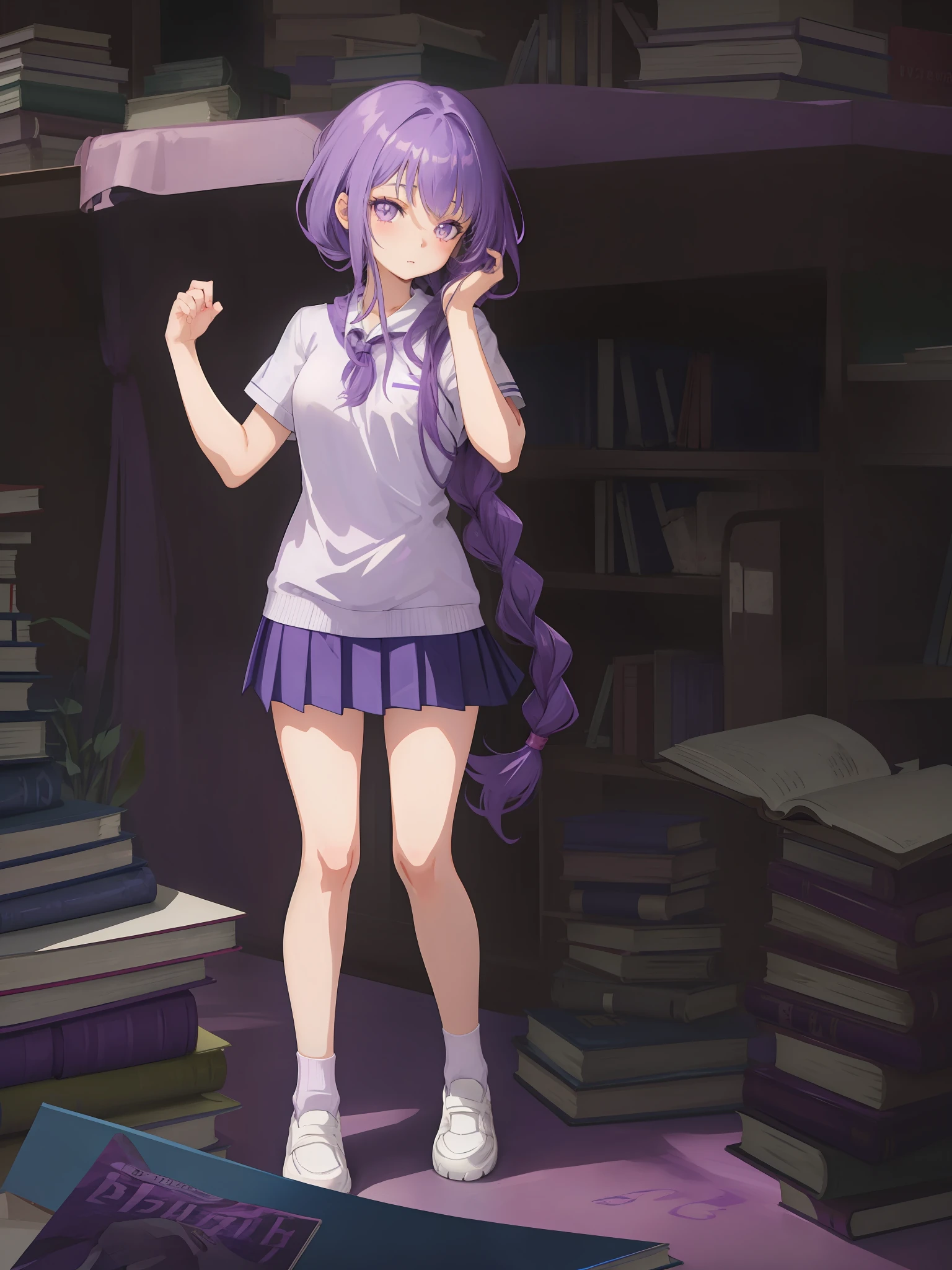 Anime purple braided hairstyle girl standing in front of a pile of books in school uniform