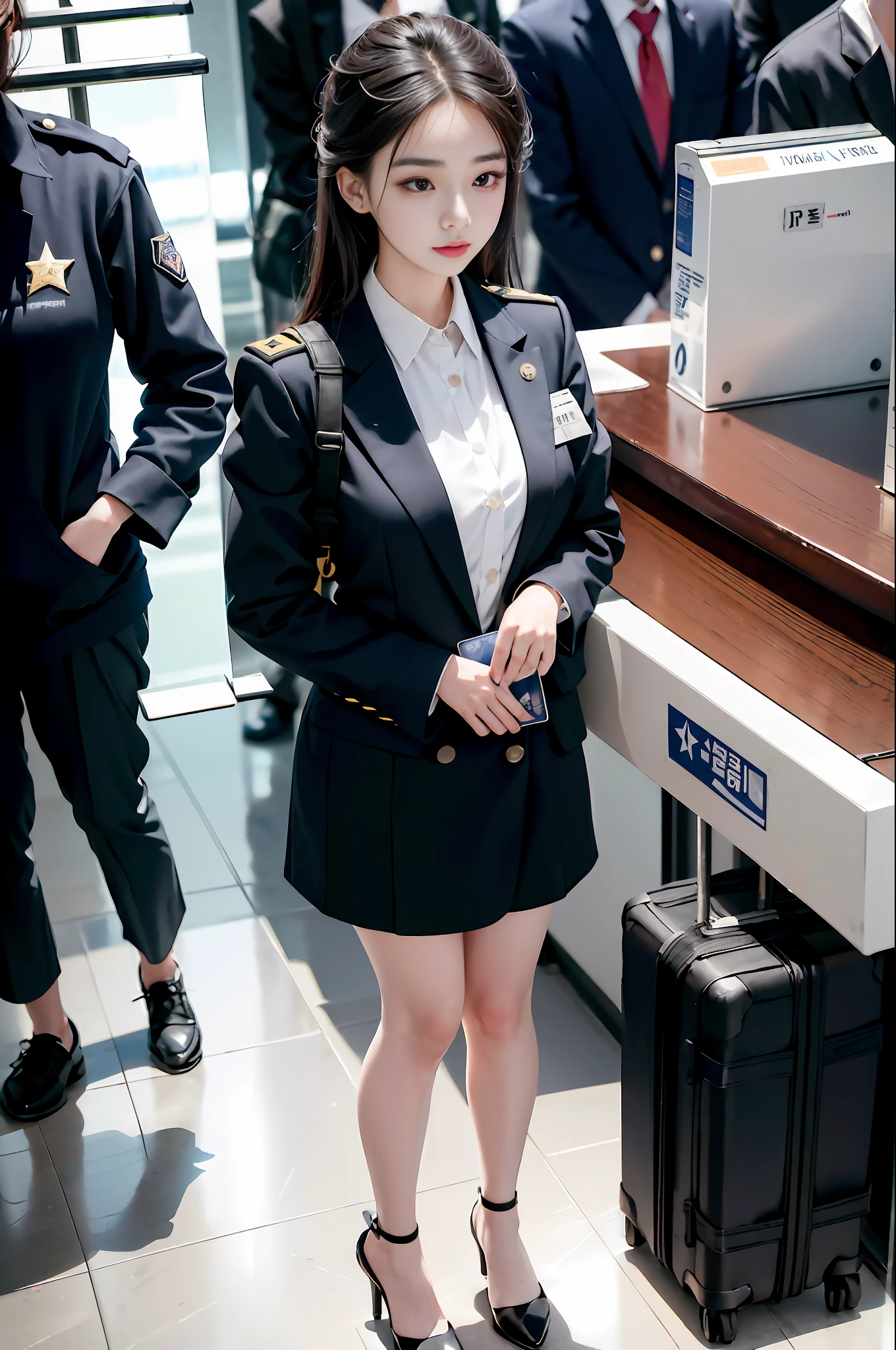 dramatic, 1girl, 21 years old Korean cute girl, uniform, (airport, runway, terminal, boarding pass, security check, baggage claim, duty-free shop), from above