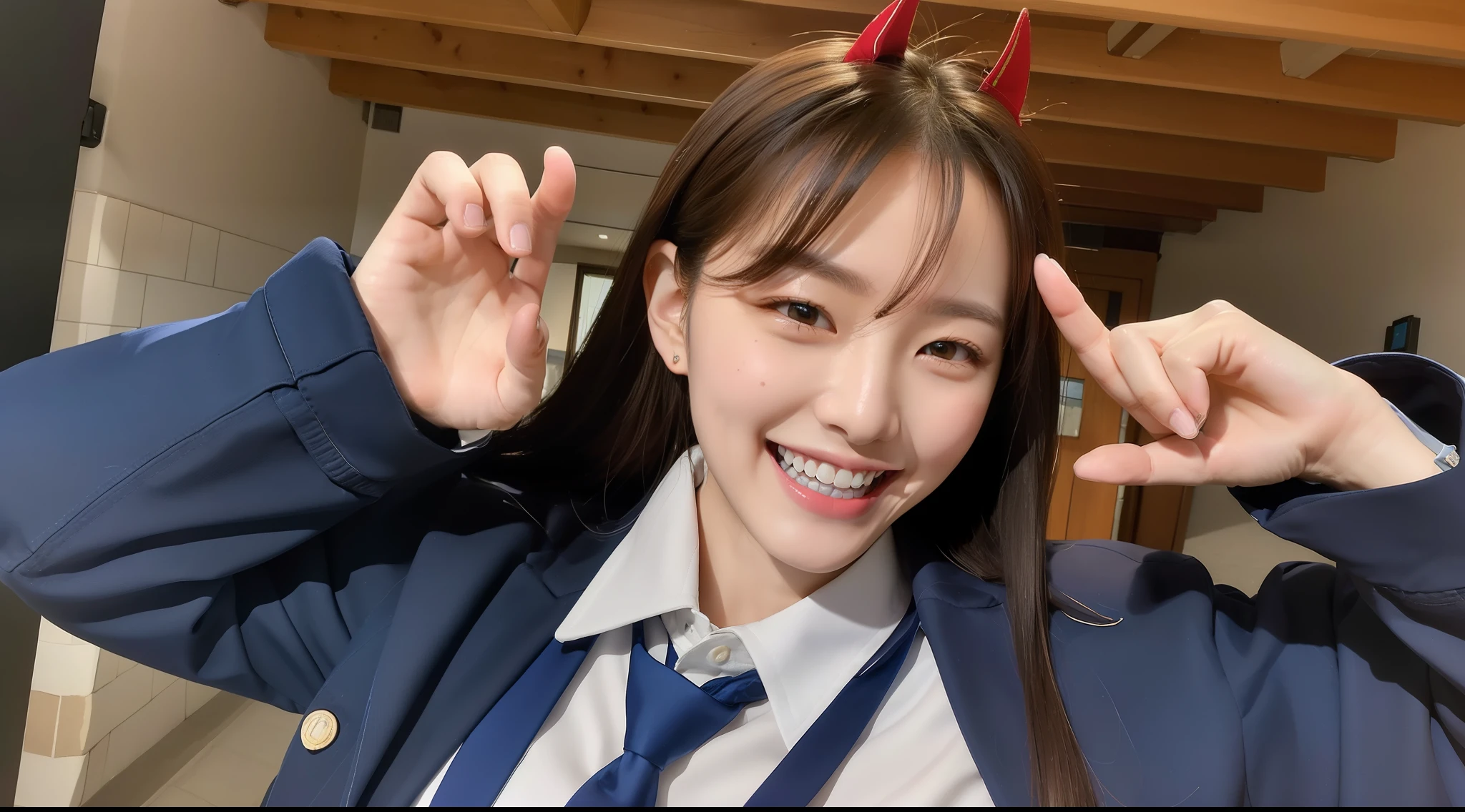 (masterpiece, best quality:1.2), cowboy shot, solo, 1girl, power \(csm\), sharp teeth, grin, looking at viewer, cross-shaped pupils, blue jacket, collared shirt, black necktie, black pants